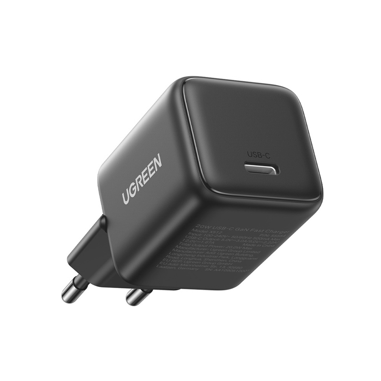 USB-C bağlantı noktalı siyah UGREEN şarj cihazı. İki uçlu bir fişi var. Metin okunabilir.