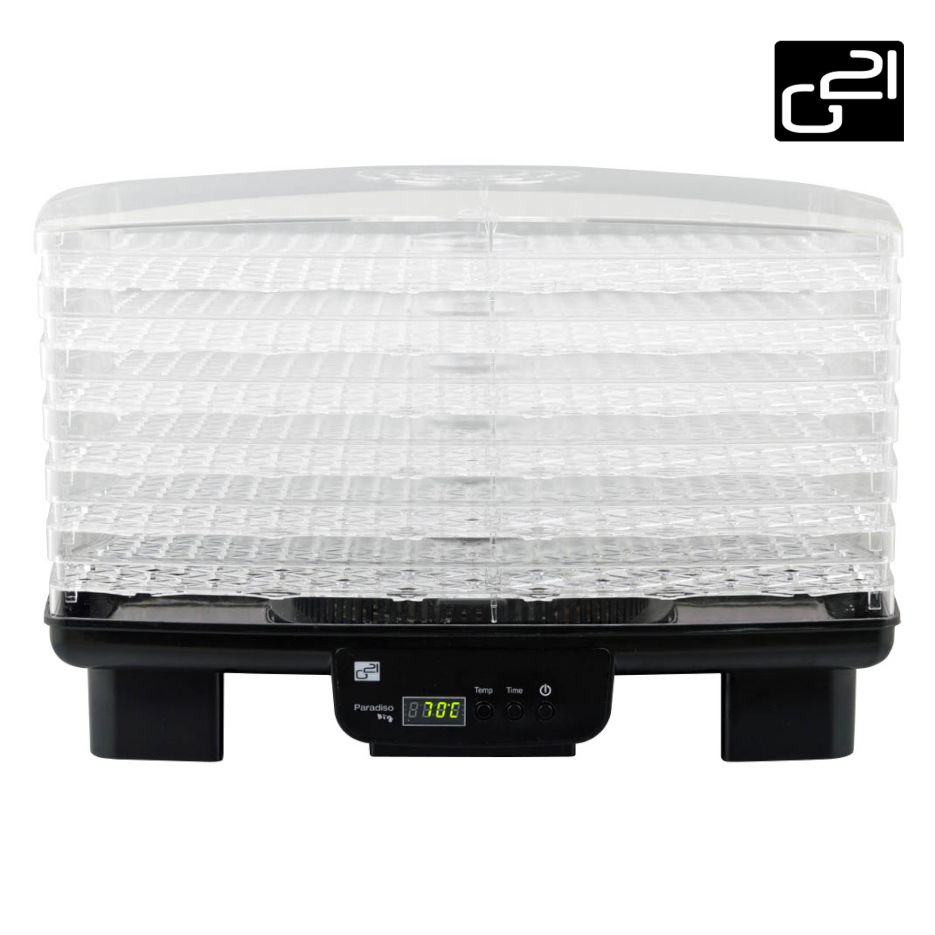 Biały i czarny dehydrator żywności. Ma wiele przezroczystych tacek. Posiada cyfrowy wyświetlacz.