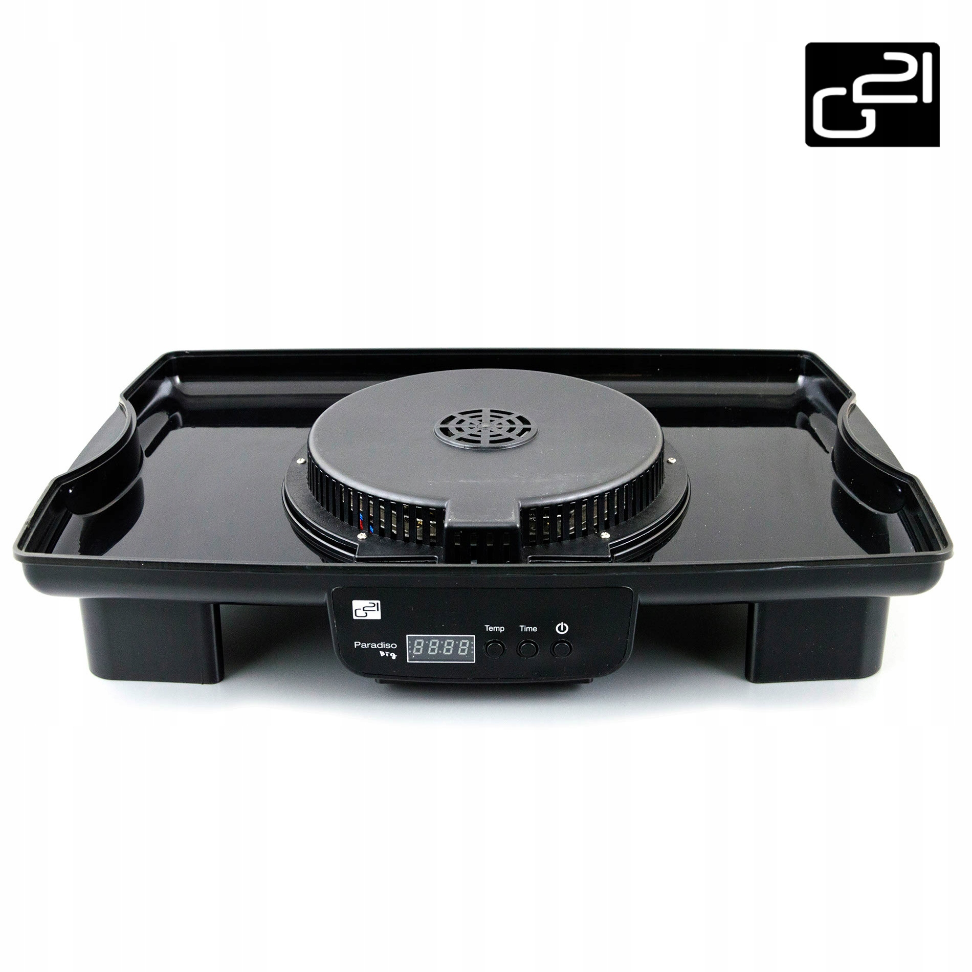 Czarny grill z cyfrowym wyświetlaczem i przyciskami sterowania. Na białej powierzchni, z logo w rogu.