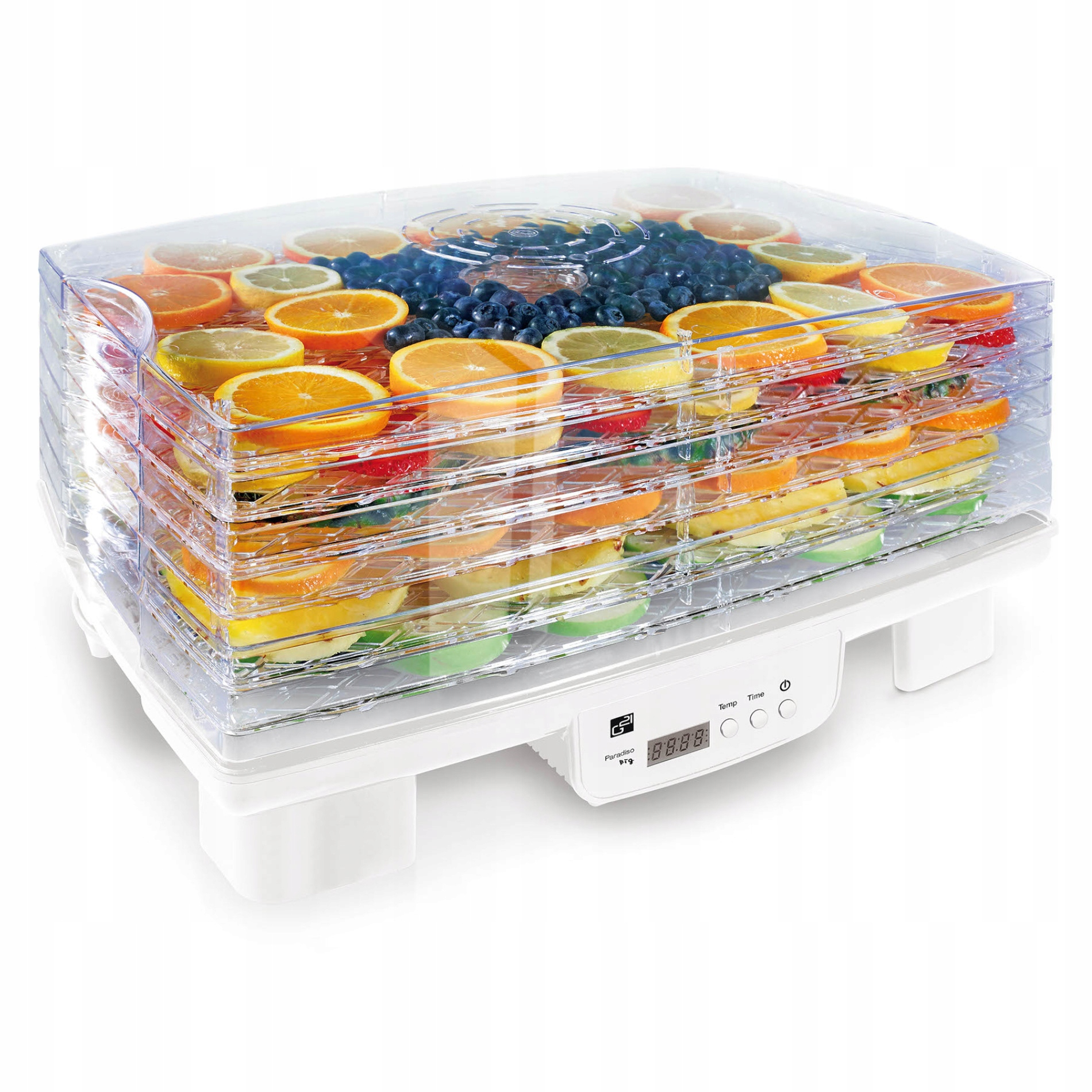 Dehydrator żywności wypełniony plastrami pomarańczy, borówkami i innymi owocami. Posiada cyfrowy wyświetlacz.