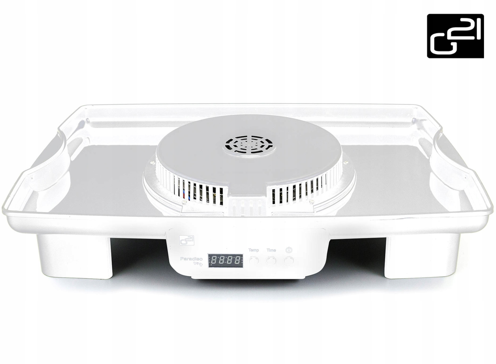 Biały dehydrator żywności z cyfrowym wyświetlaczem i przyciskami sterowania. Znajduje się na białej powierzchni.