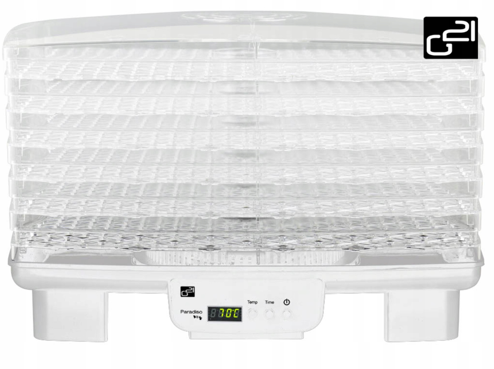 Biały dehydrator żywności z wieloma przezroczystymi tackami. Wyświetlacz cyfrowy pokazuje czas i temp.