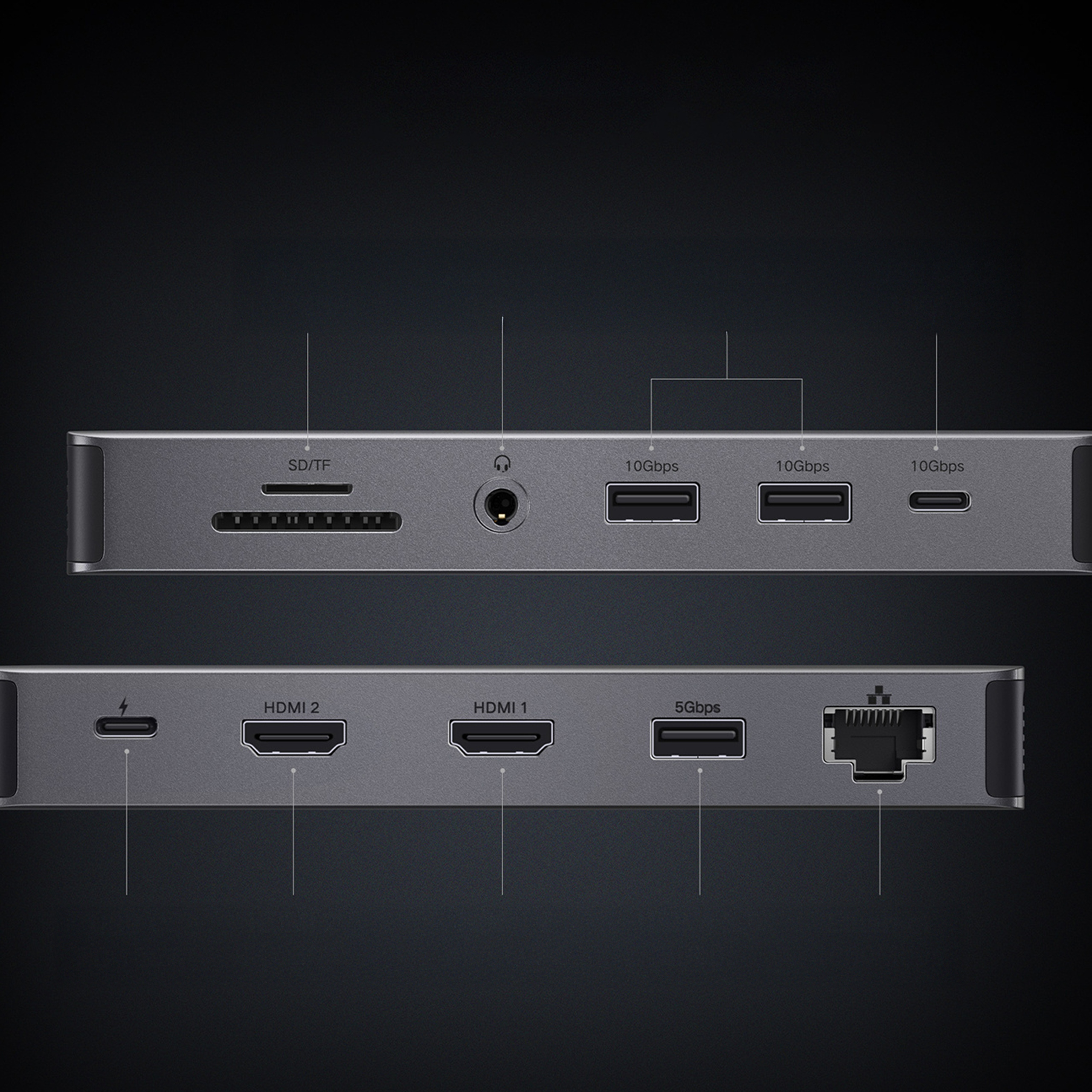 Zbliżenie huba USB-C z wieloma portami. Widoczne są szczegóły portów.