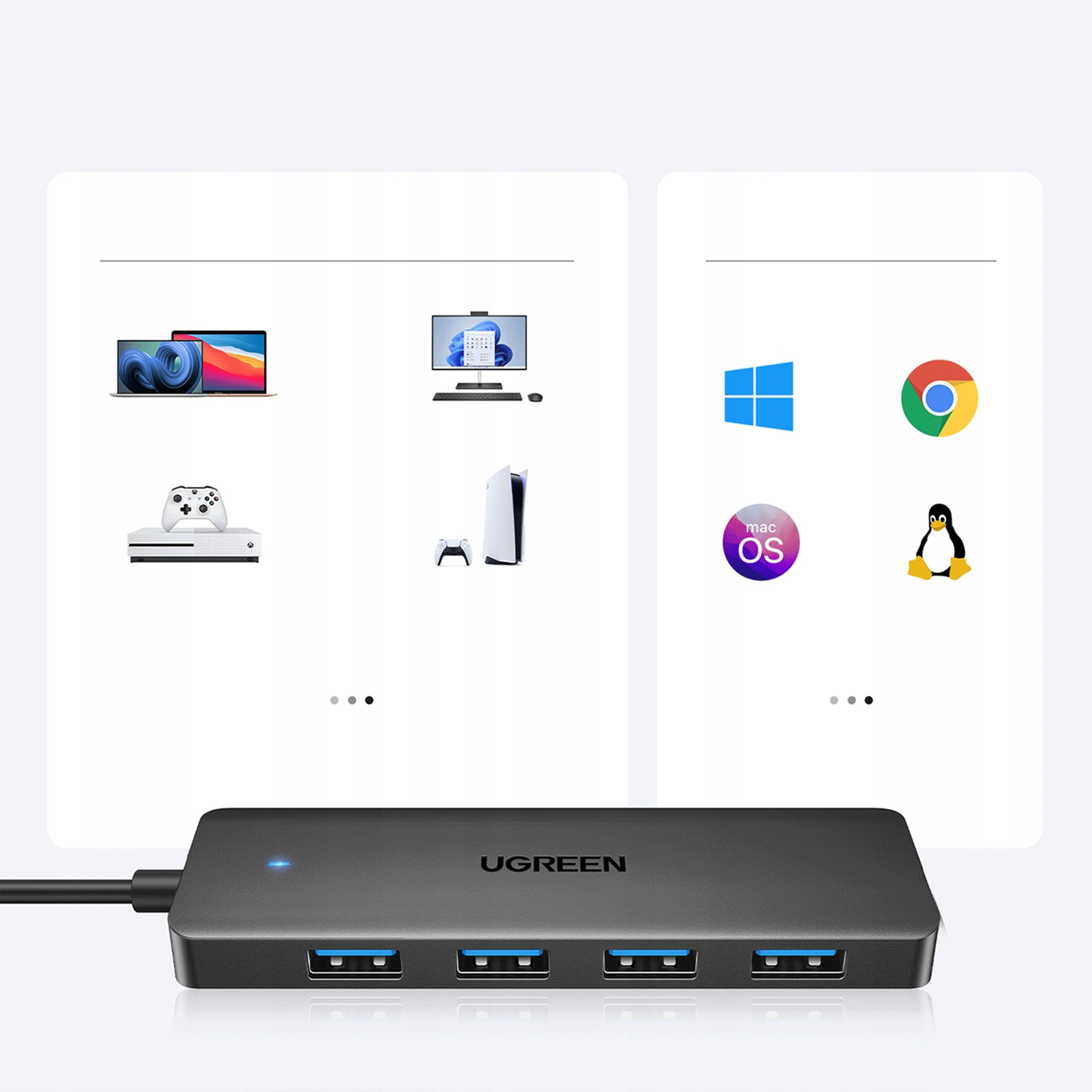 Hub USB con più porte e luce blu. Mostra immagini di diversi sistemi operativi e dispositivi.