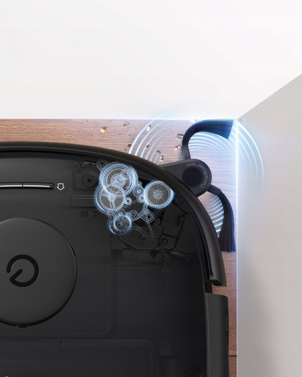 Szczotka narożna robota odkurzającego czyszcząca narożnik. Widoczne są również wewnętrzne przekładnie.