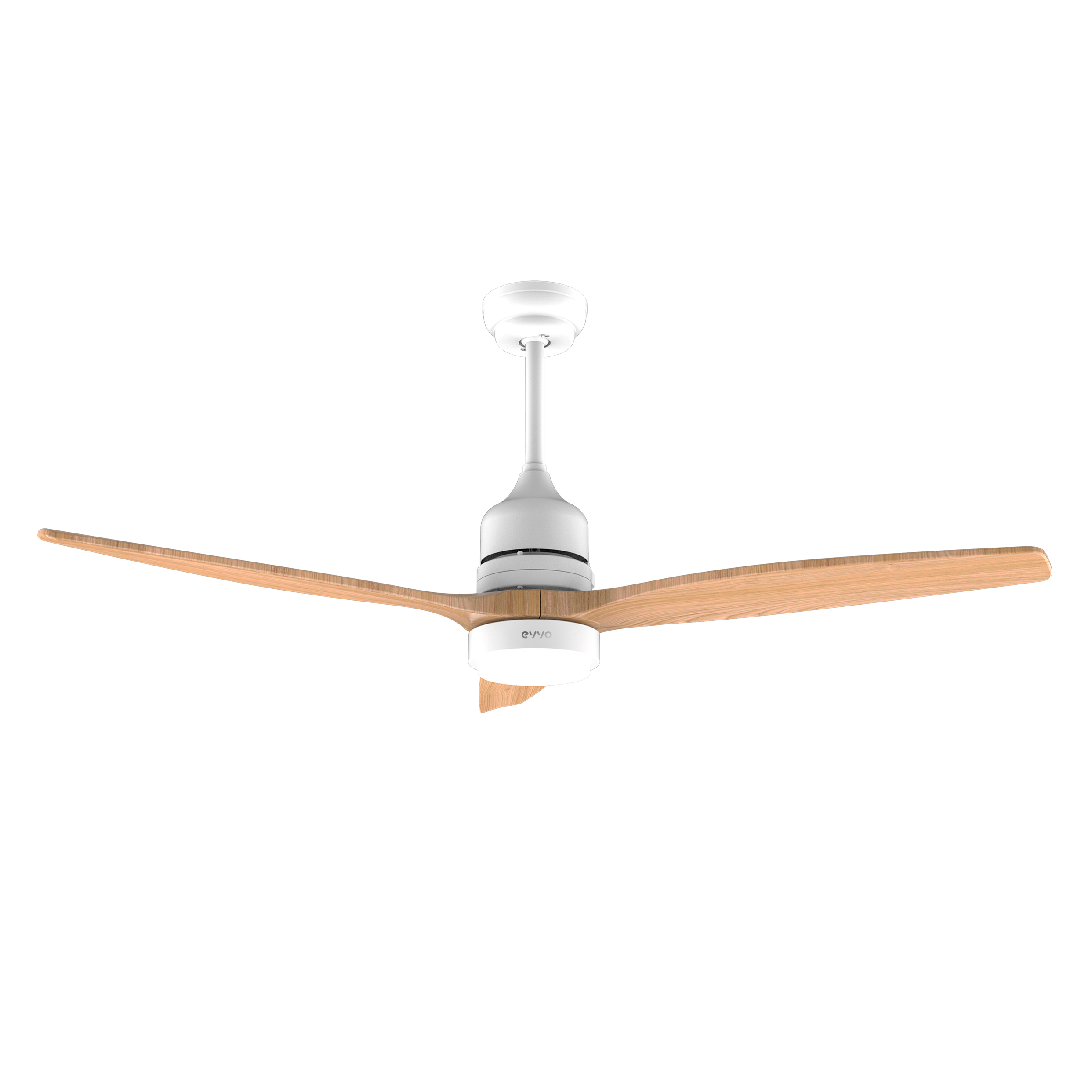 Ventilatore da soffitto bianco con due pale in legno. Il ventilatore è su uno sfondo nero.