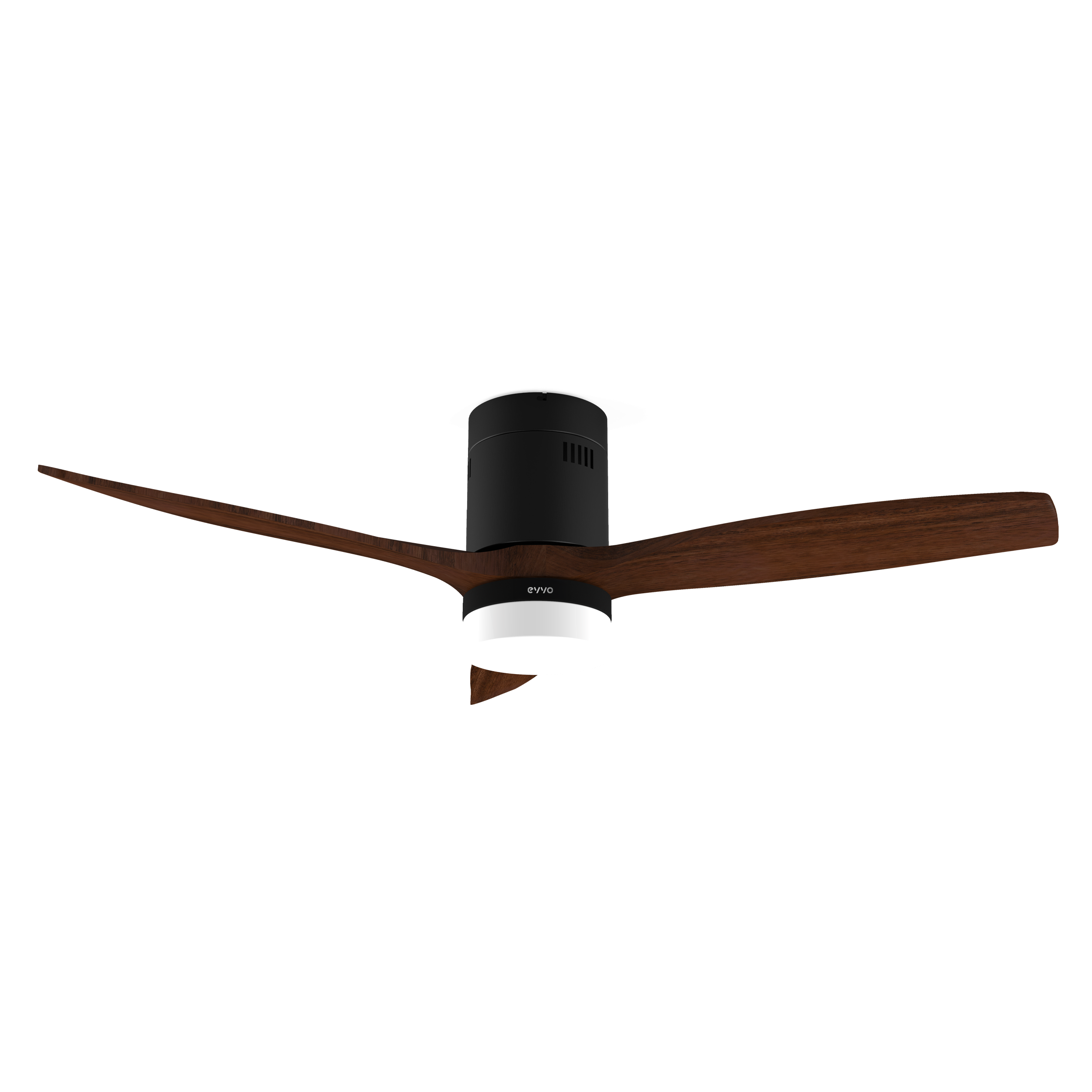 Ventilatore da soffitto nero con due pale marroni. Il ventilatore è su uno sfondo nero.
