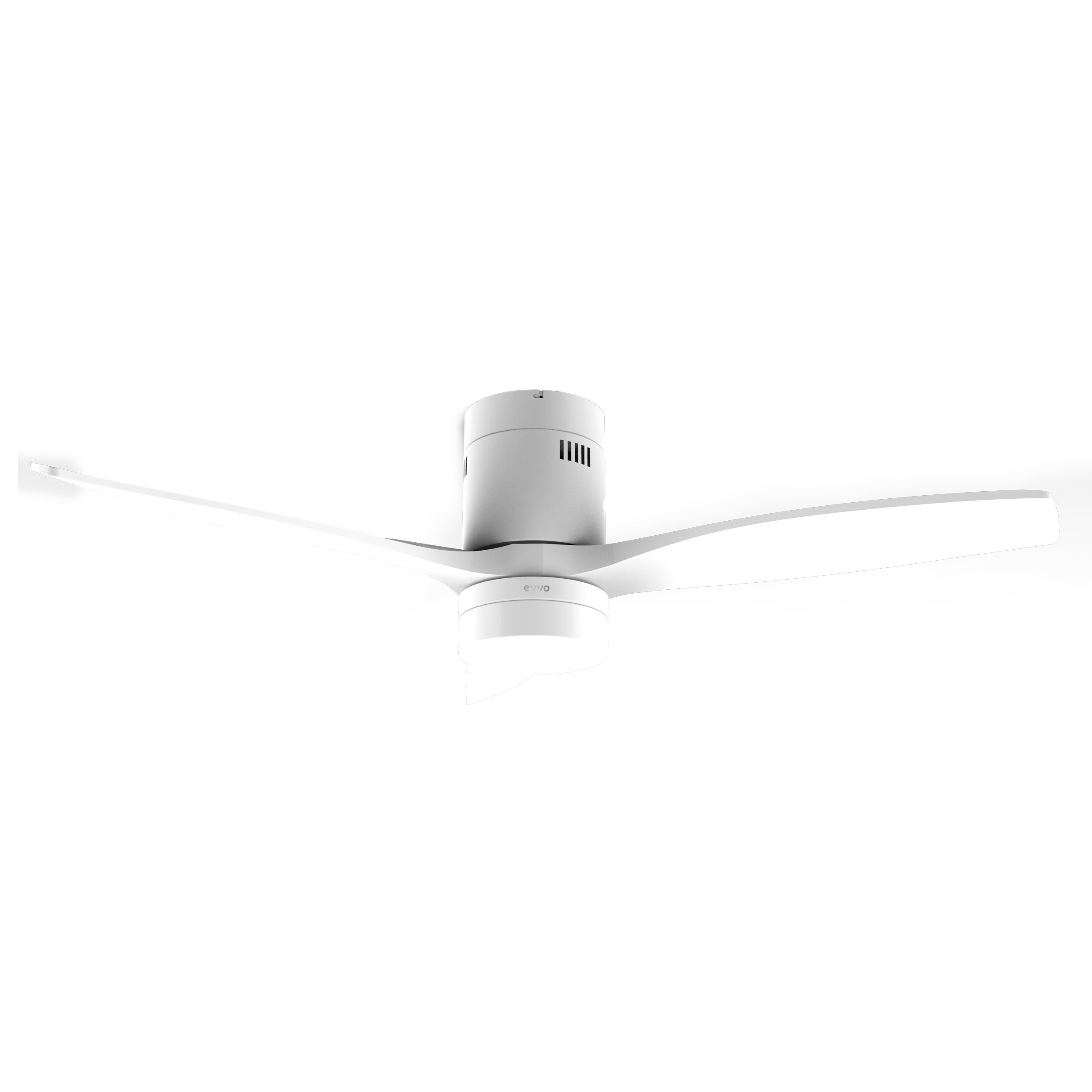 Ventilatore da soffitto bianco con due pale bianche. Il ventilatore è su uno sfondo nero.