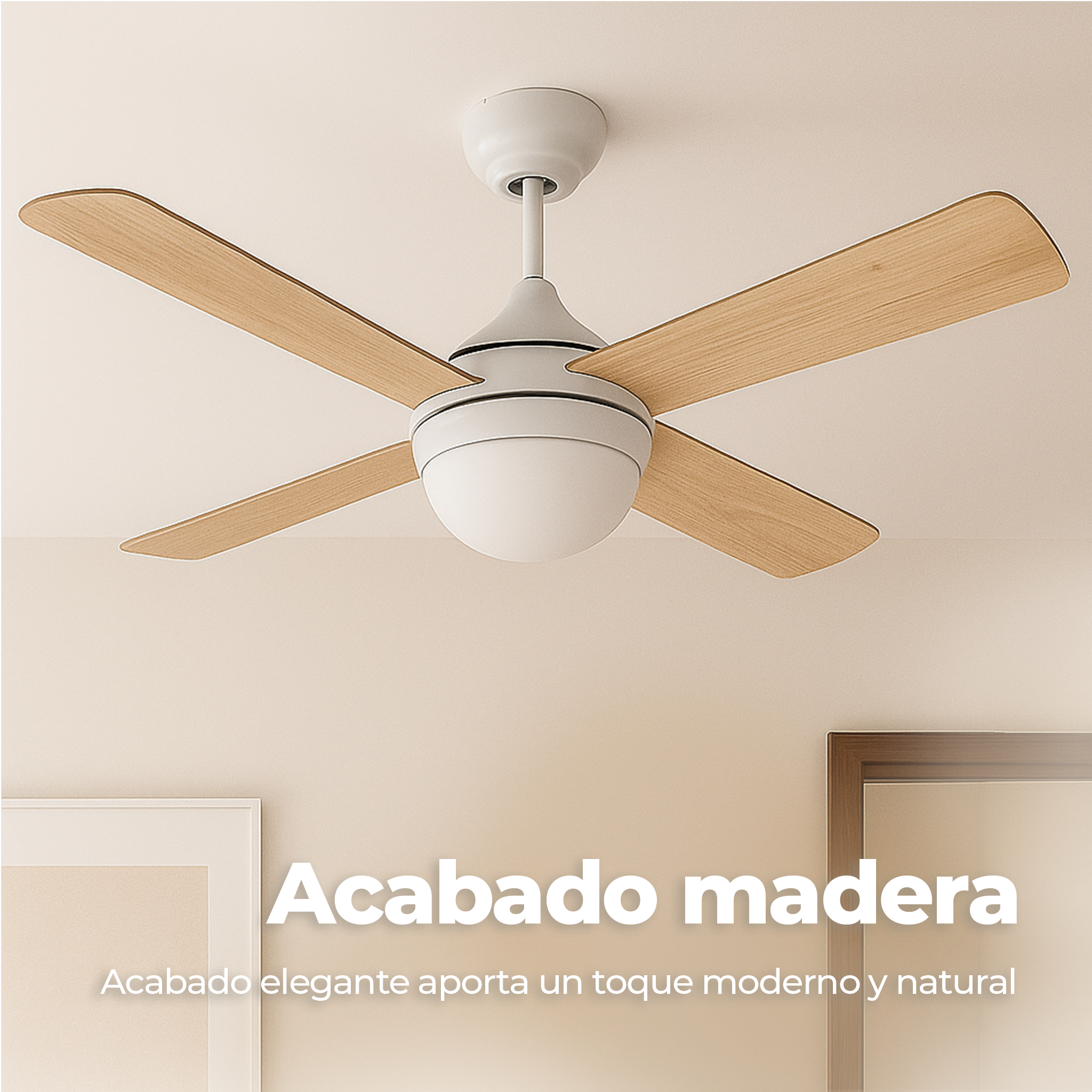 Un ventilador de techo con aspas de madera en una habitación. La habitación tiene una paleta de colores neutros y una pintura.