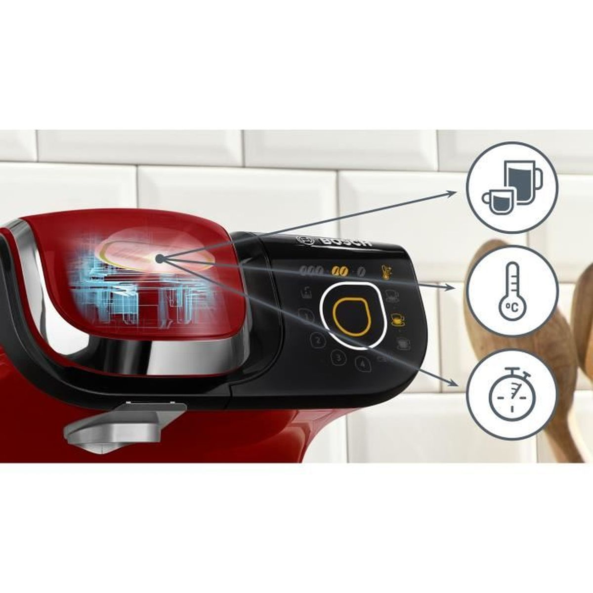 Un elettrodomestico da cucina rosso e nero con display digitale e icone. Ha un pannello di controllo con pulsanti e una manopola.