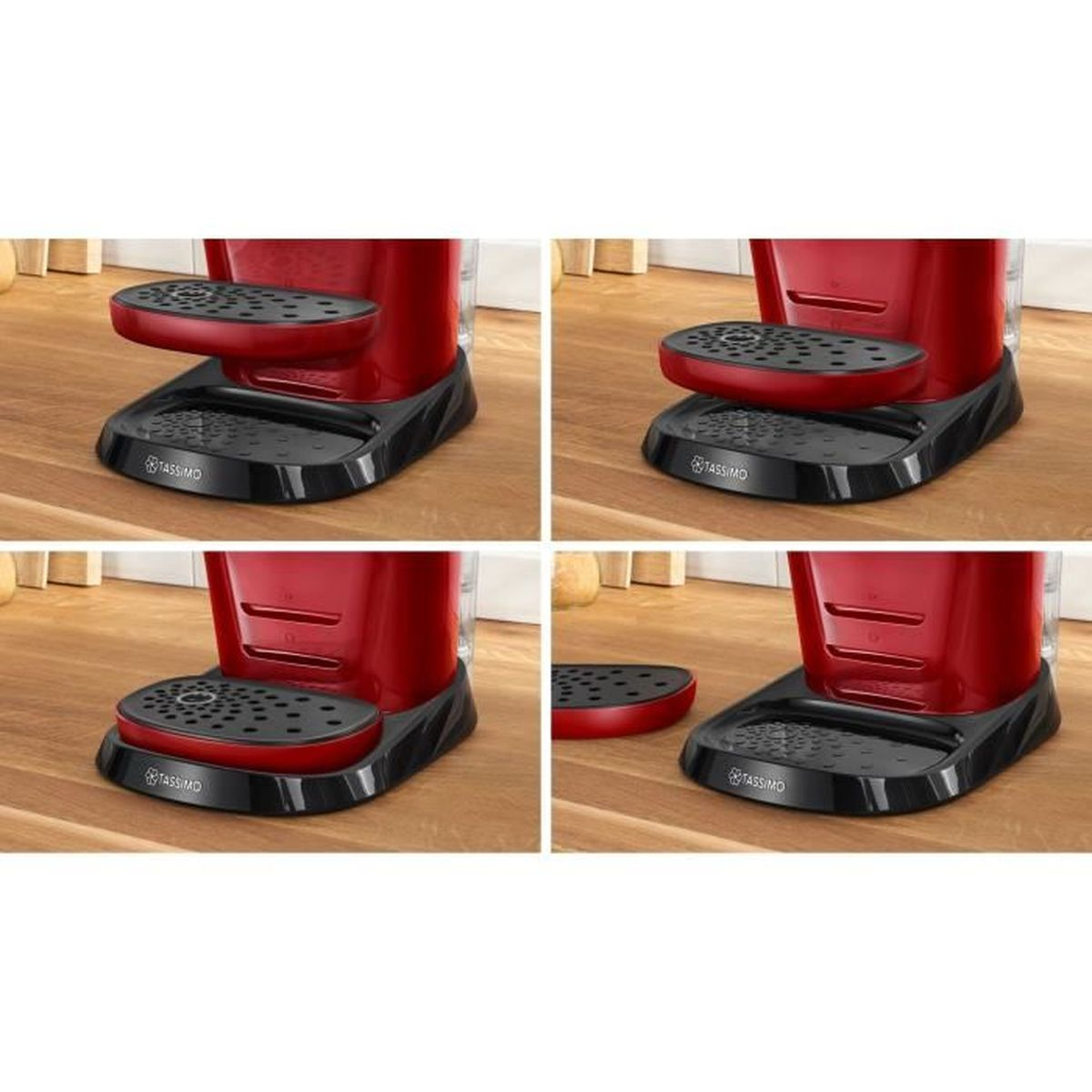 Quattro immagini che mostrano parti di una macchina da caffè Tassimo rossa. Macchina rossa, base nera. Varie angolazioni.