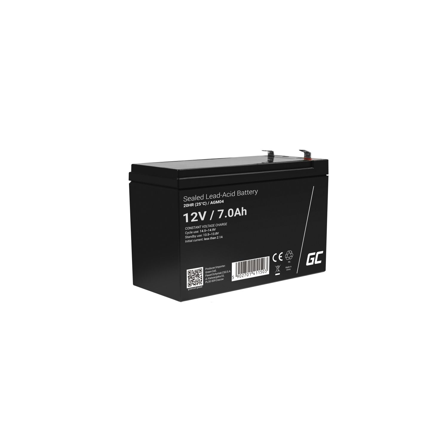 Batería rectangular negra con etiquetas. Las etiquetas indican 12V/7.0Ah y otras especificaciones.