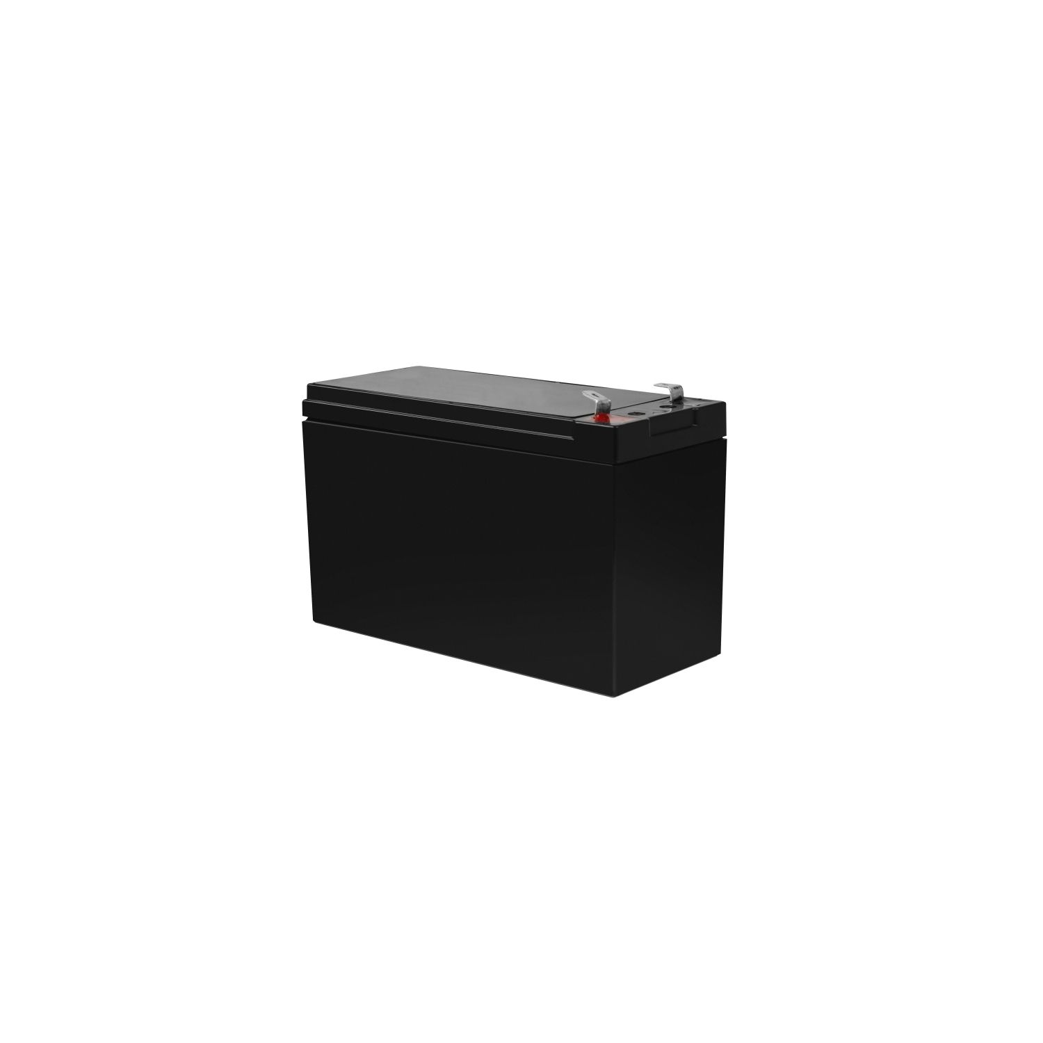 Batería rectangular negra. La parte superior tiene un terminal rojo y un conector de metal.