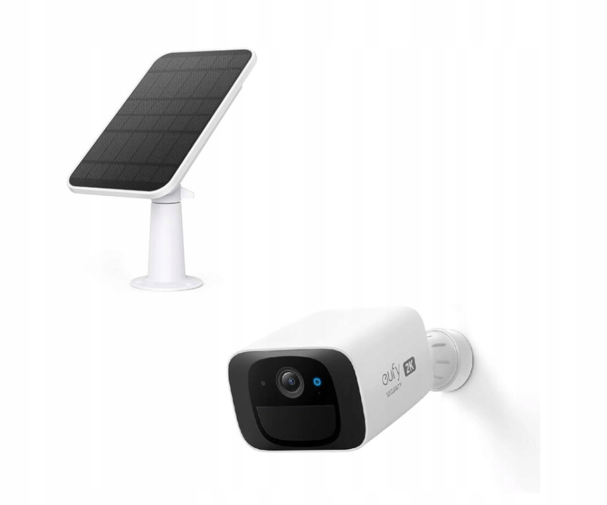 Biała kamera bezpieczeństwa z panelem słonecznym, na białym tle. Kamera ma elegancki design.