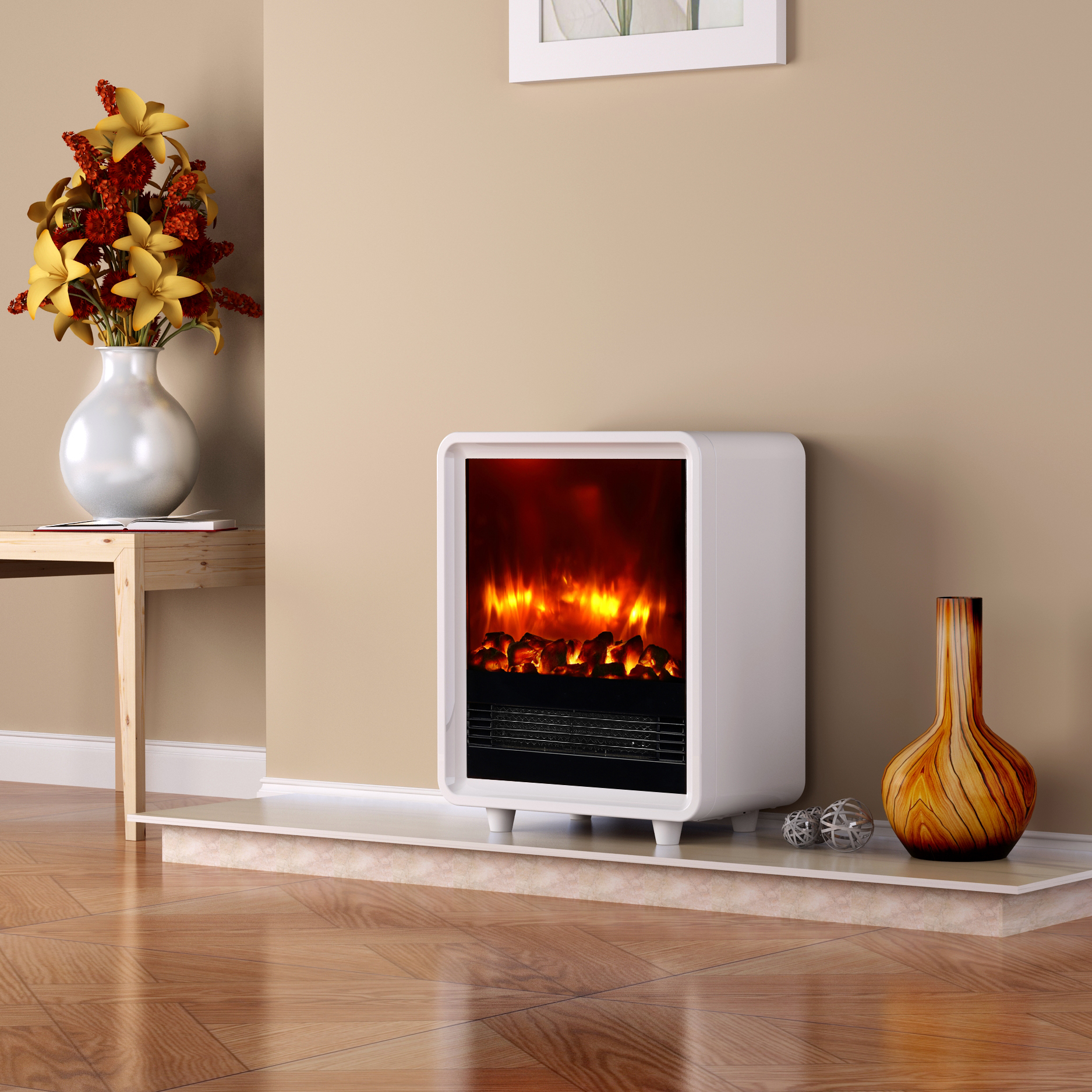 Ein weißer elektrischer Kamin mit Vase und Blumen.