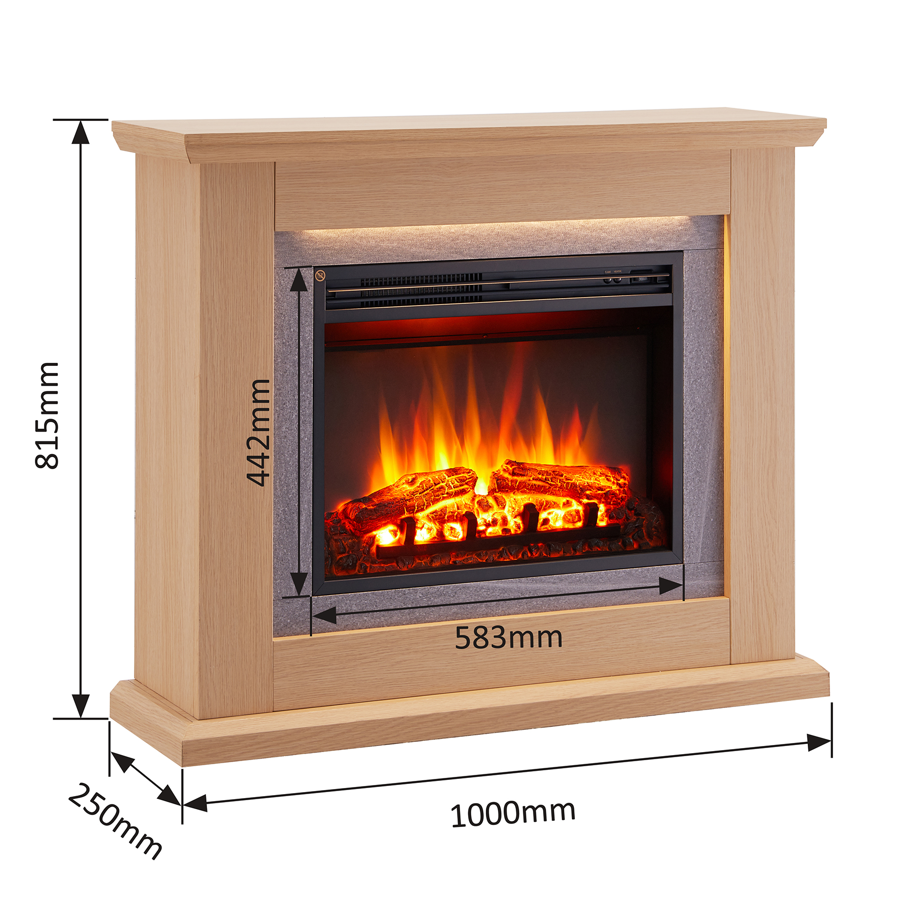 Elektrischer Kamin mit Holzrahmen, zeigt Abmessungen. Flammen und Holzscheite sind innen.