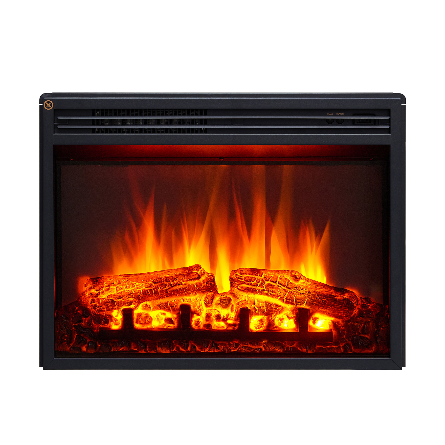 Ein schwarzer Kamin mit einem glühenden Feuereffekt. Das Feuer hat orange und gelbe Flammen.