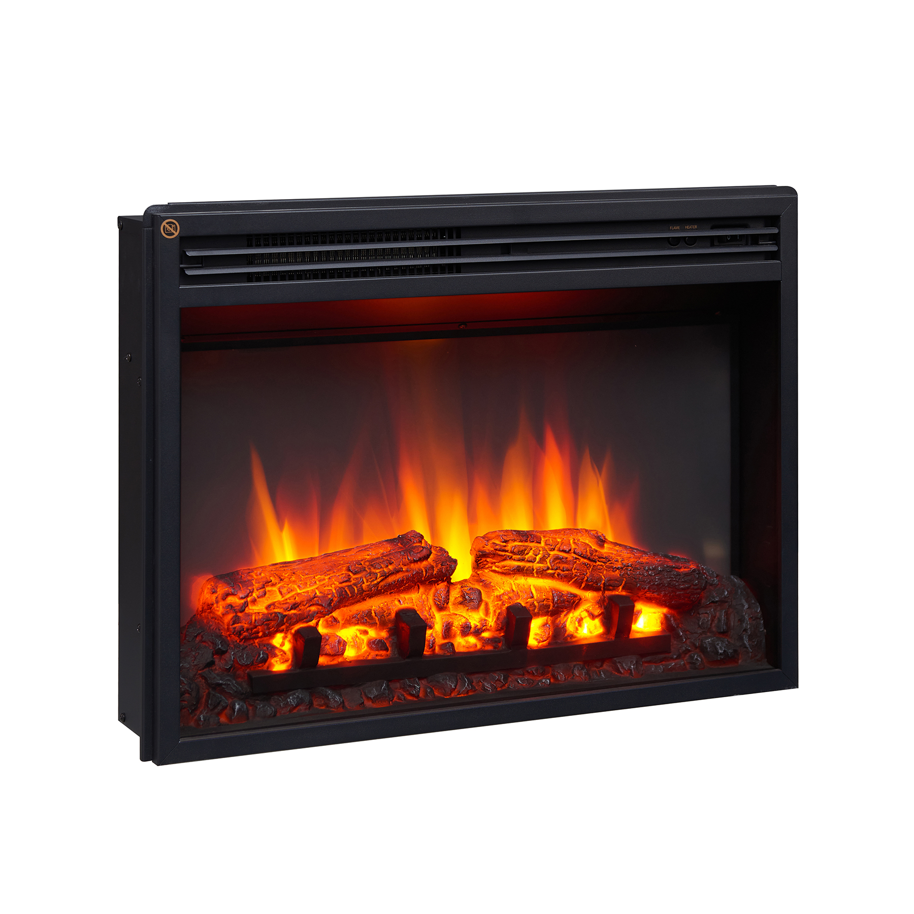 Ein schwarzer Kamin mit einem glühenden Feuereffekt. Das Feuer hat orange und gelbe Flammen.