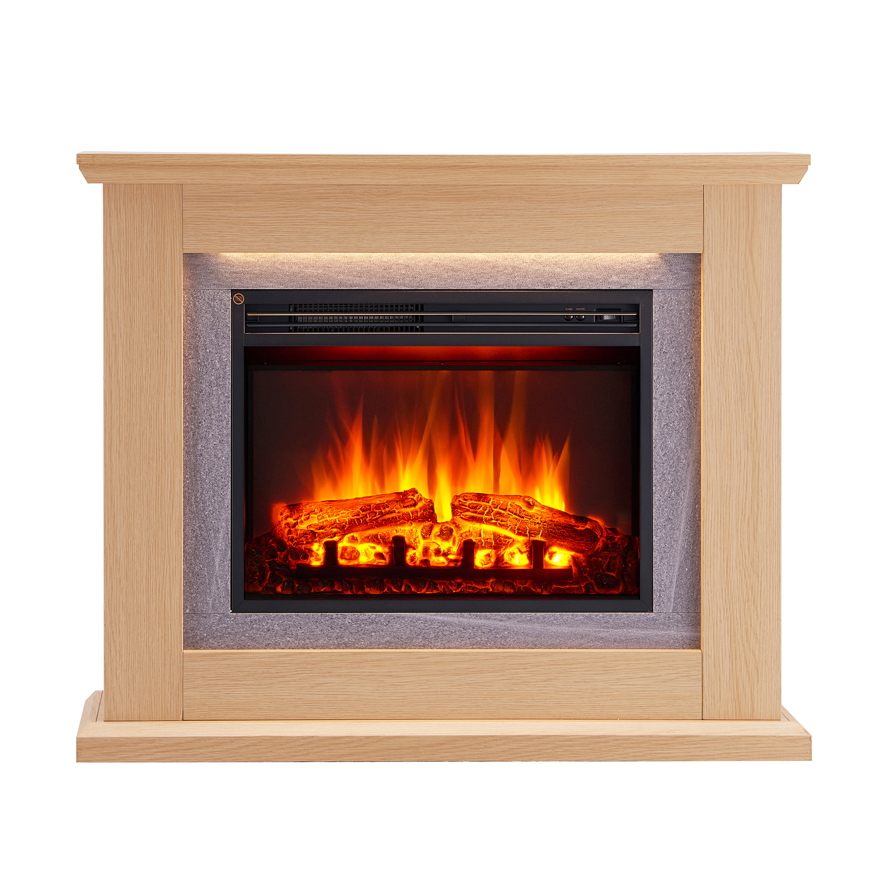 Ein Kamin aus Holz mit einem glühenden Feuereffekt. Das Feuer hat orange und gelbe Flammen.