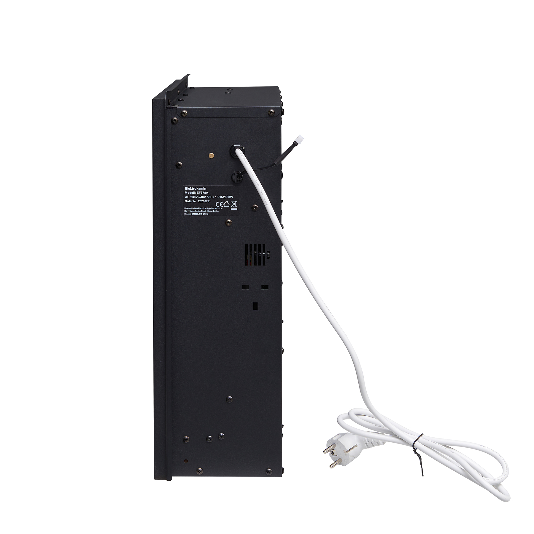Seitenansicht eines schwarzen elektronischen Geräts mit angeschlossenem weißen Netzkabel.