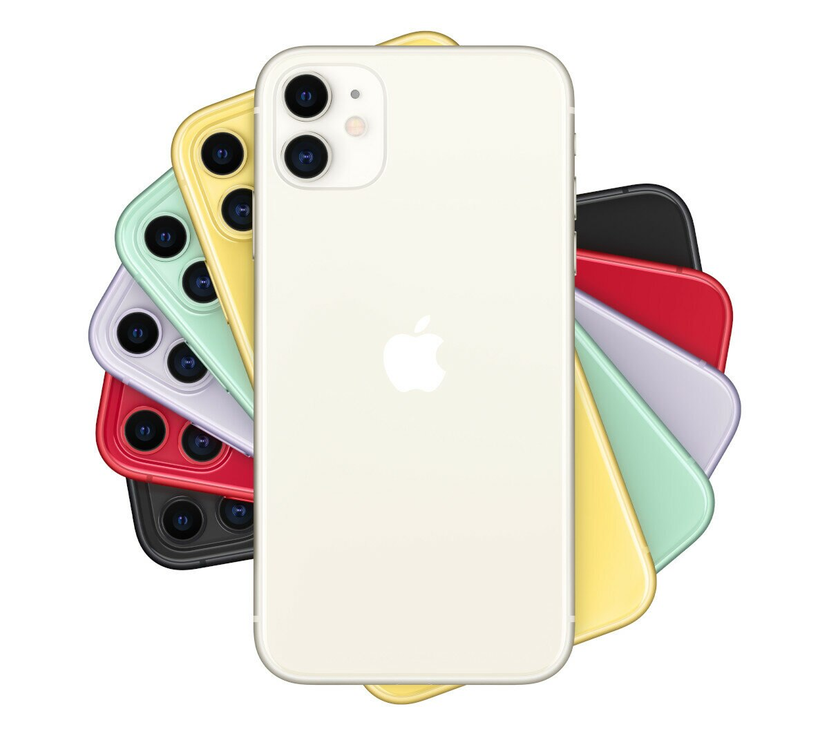Widok z tyłu na iPhone'y w różnych kolorach. Ułożone w okrąg, z białym na środku.