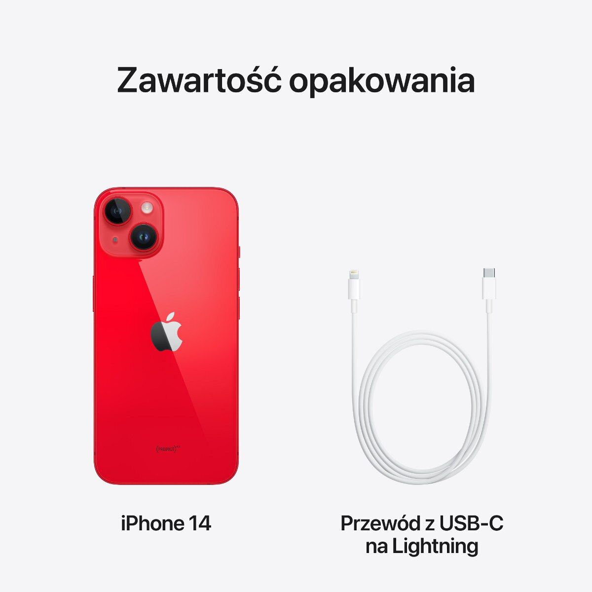 Czerwony iPhone 14 obok białego kabla USB-C do Lightning, na jasnym tle. Tekst: 'Zawartość opakowania'.