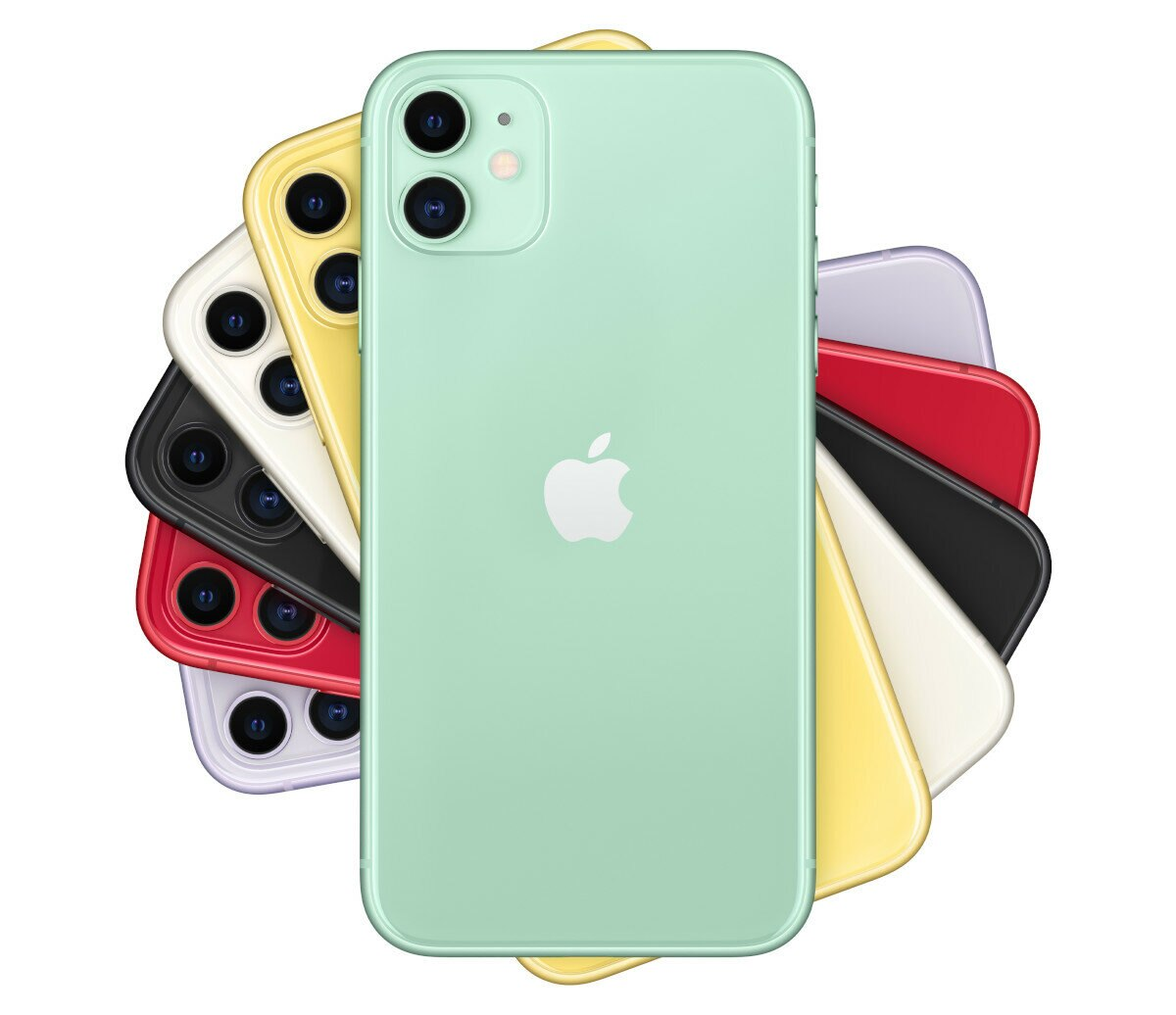 Widok z tyłu na iPhone'y w różnych kolorach, z miętowo-zielonym na środku. Białe tło.