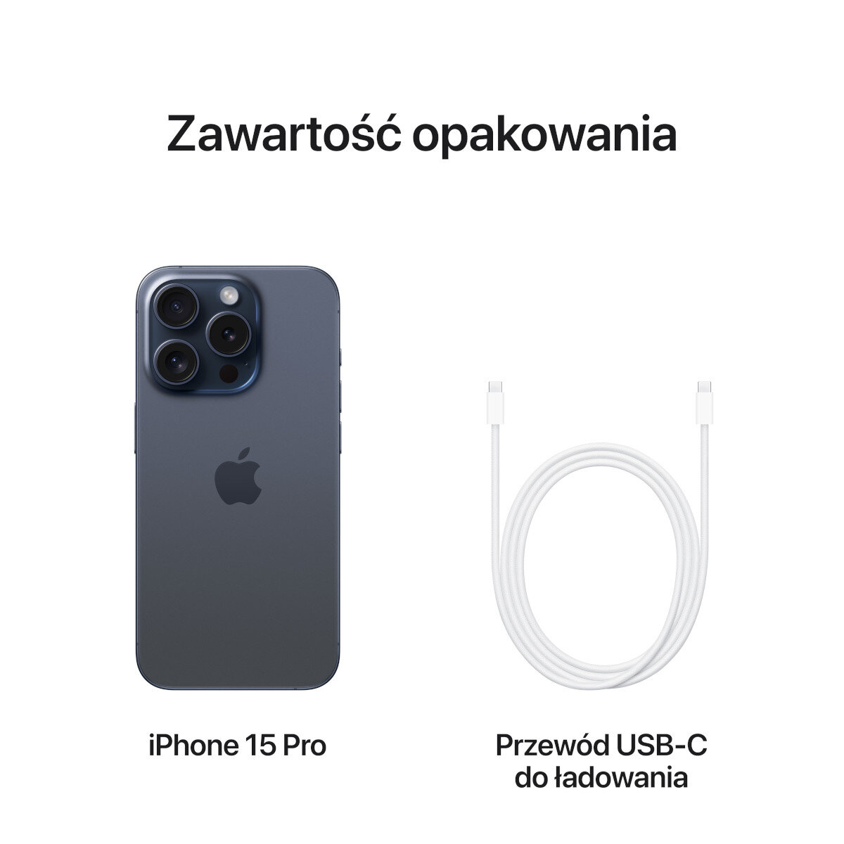 iPhone i kabel ładujący z polskim tekstem na białym tle. Tekst brzmi 'Zawartość opakowania'.