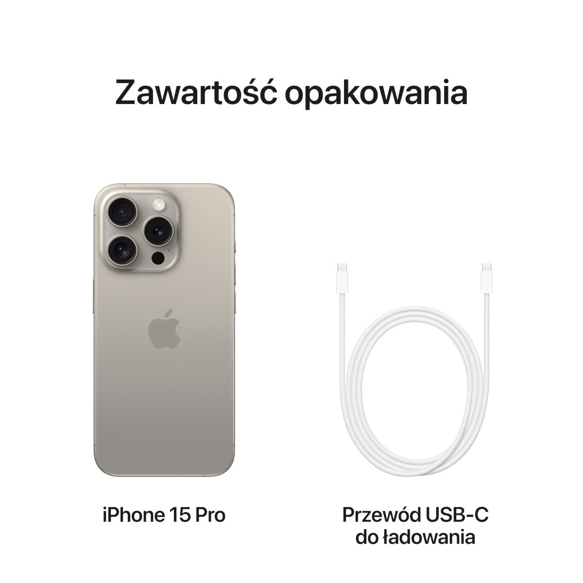 Obraz przedstawiający zawartość pudełka iPhone 15 Pro. Zawiera telefon i kabel ładujący USB-C.