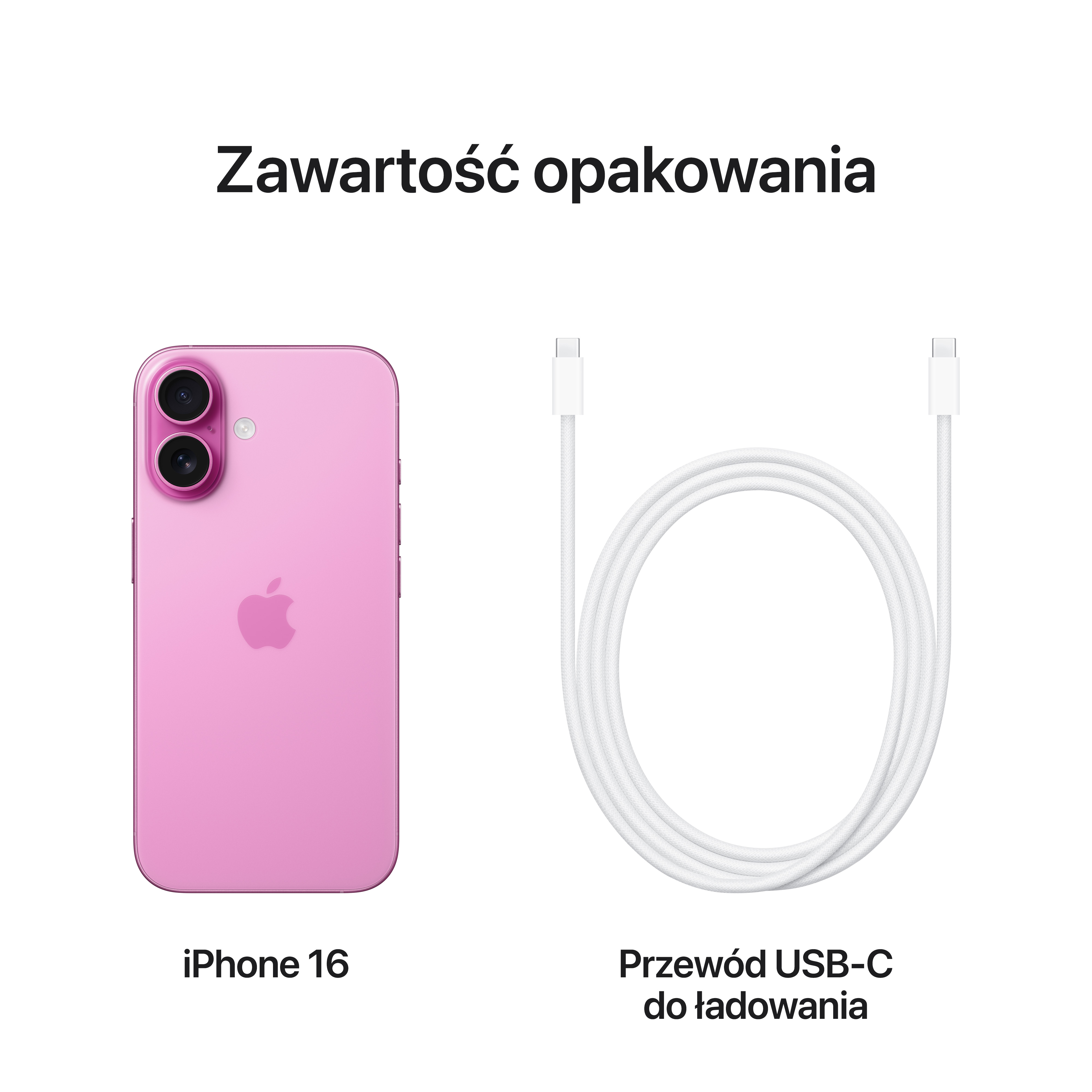 Różowy iPhone 16 i biały kabel USB-C do ładowania.