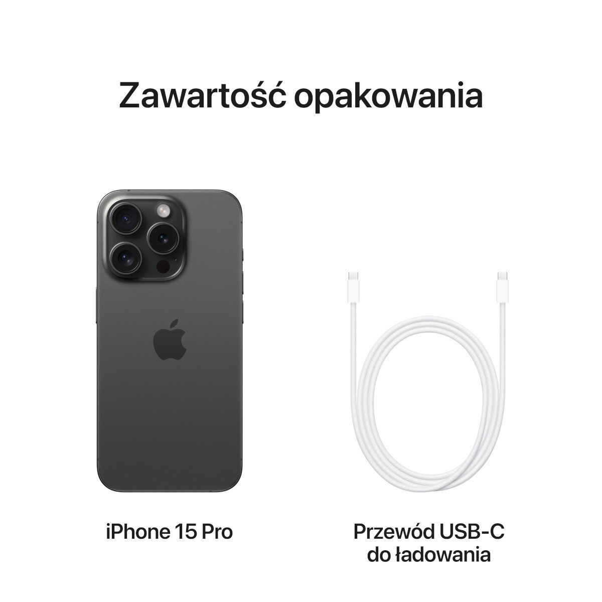 Obraz przedstawiający zawartość pudełka iPhone 15 Pro. Zawiera telefon i kabel ładujący USB-C.