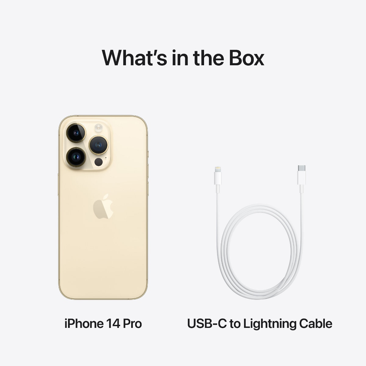 Złoty iPhone 14 Pro i biały kabel USB-C do Lightning.