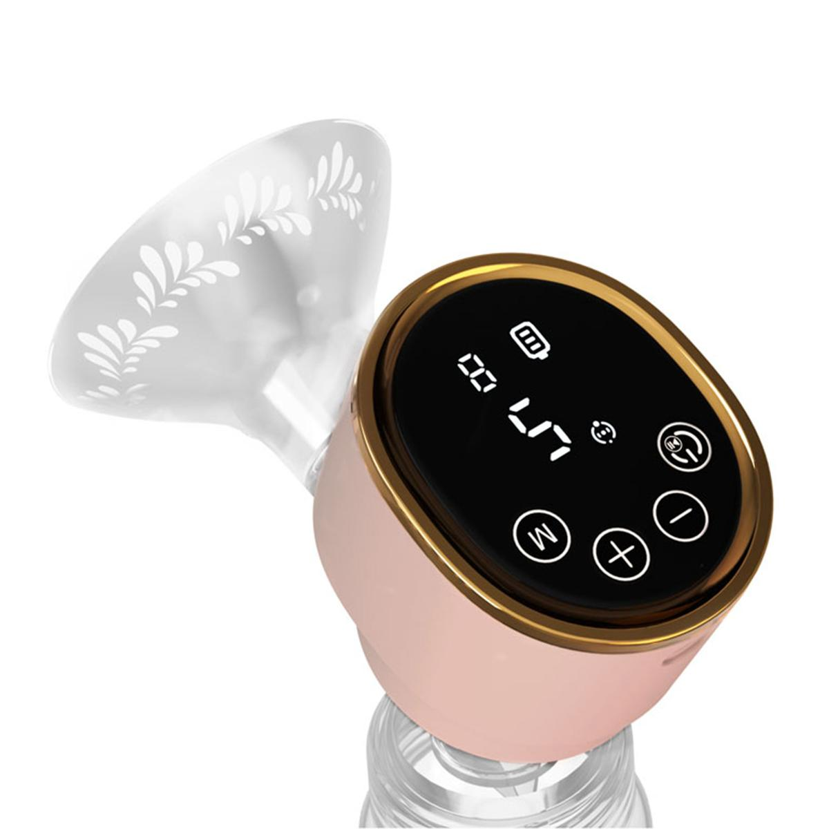 Rosa-goldene Brustpumpe mit Digitalanzeige und floral gemustertem Trichter. Knöpfe und Batteriestandsanzeige sind sichtbar.