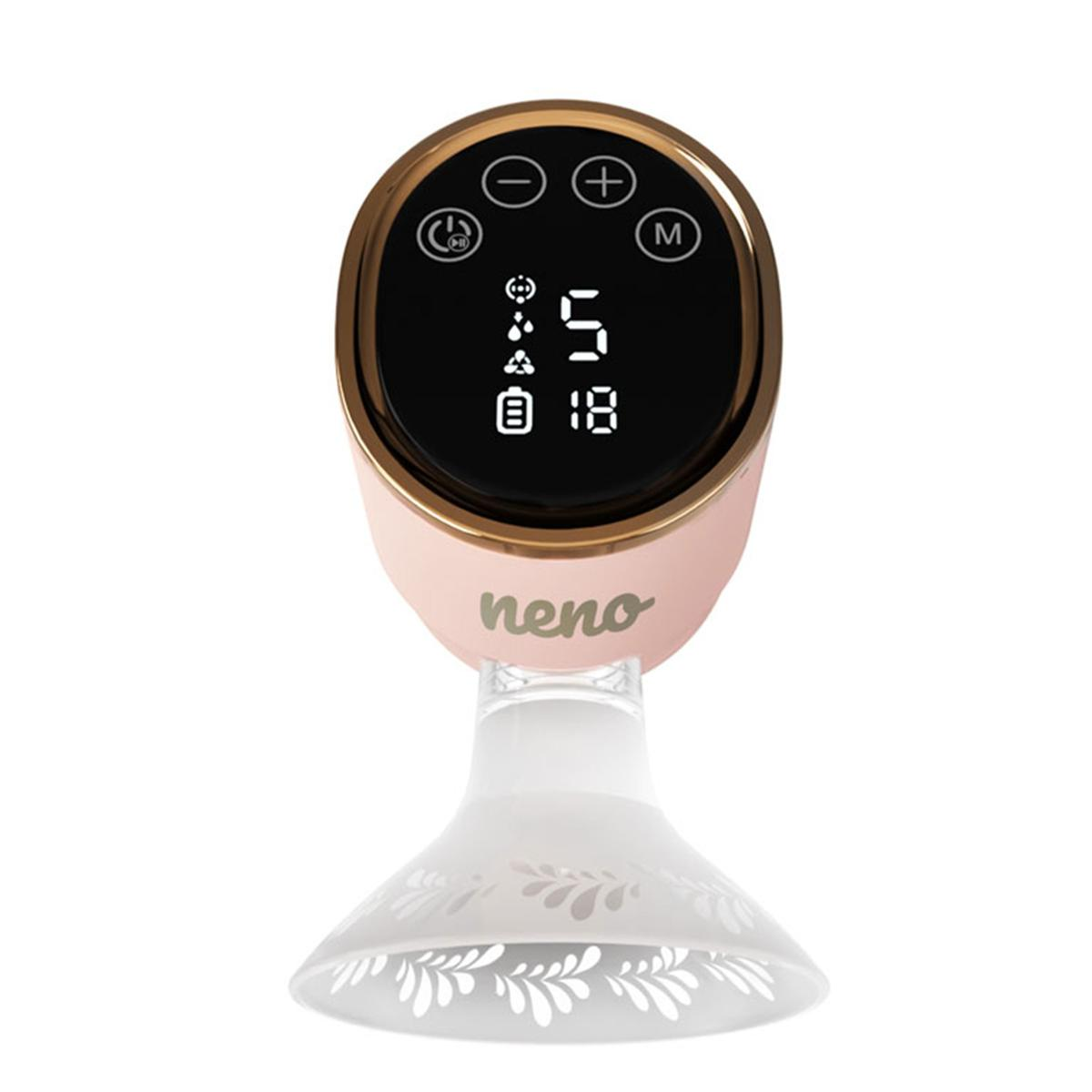 Eine rosa-goldene Milchpumpe mit Digitalanzeige. Ein klarer Trichter ist befestigt.