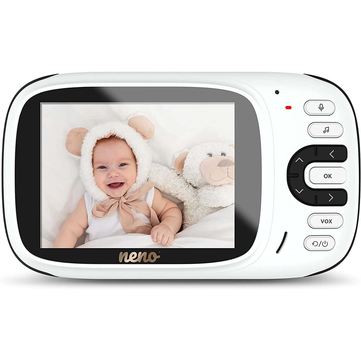 Monitor para bebés con pantalla que muestra un bebé con un osito de peluche. Marco blanco, botones a la derecha.