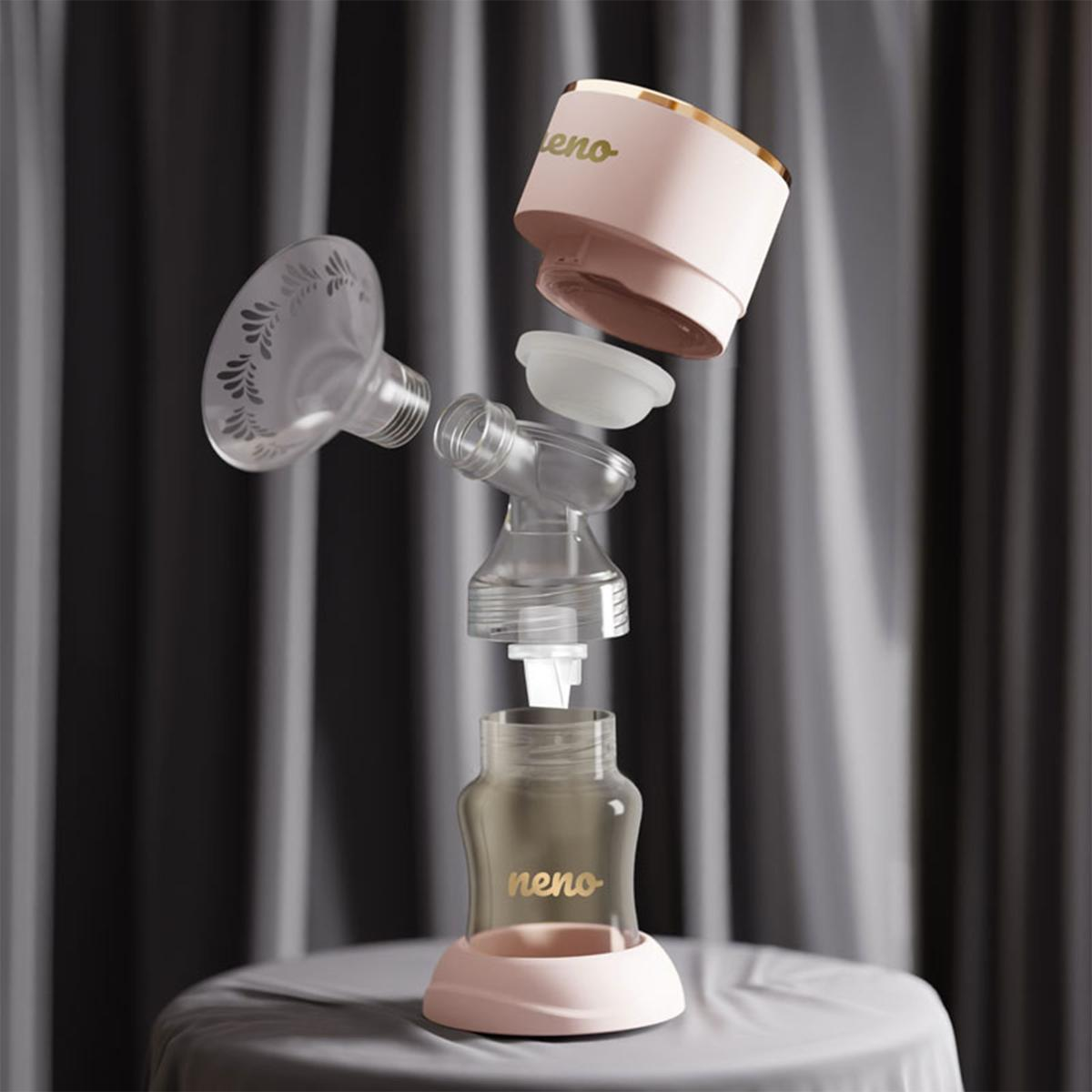 Explosionszeichnung einer Milchpumpe. Komponenten umfassen Flasche, rosa Basis und transparente Trichter.