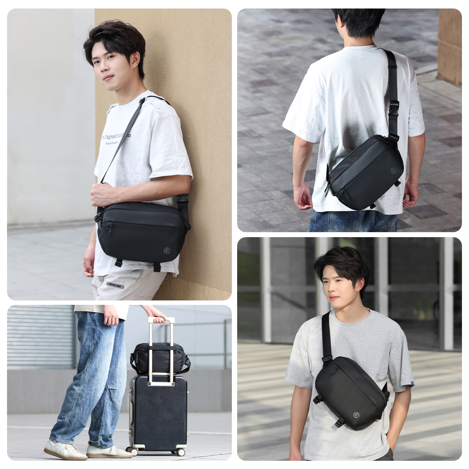 Four images of a man with a black shoulder bag. He is wearing casual outfits. Different poses and backgrounds.