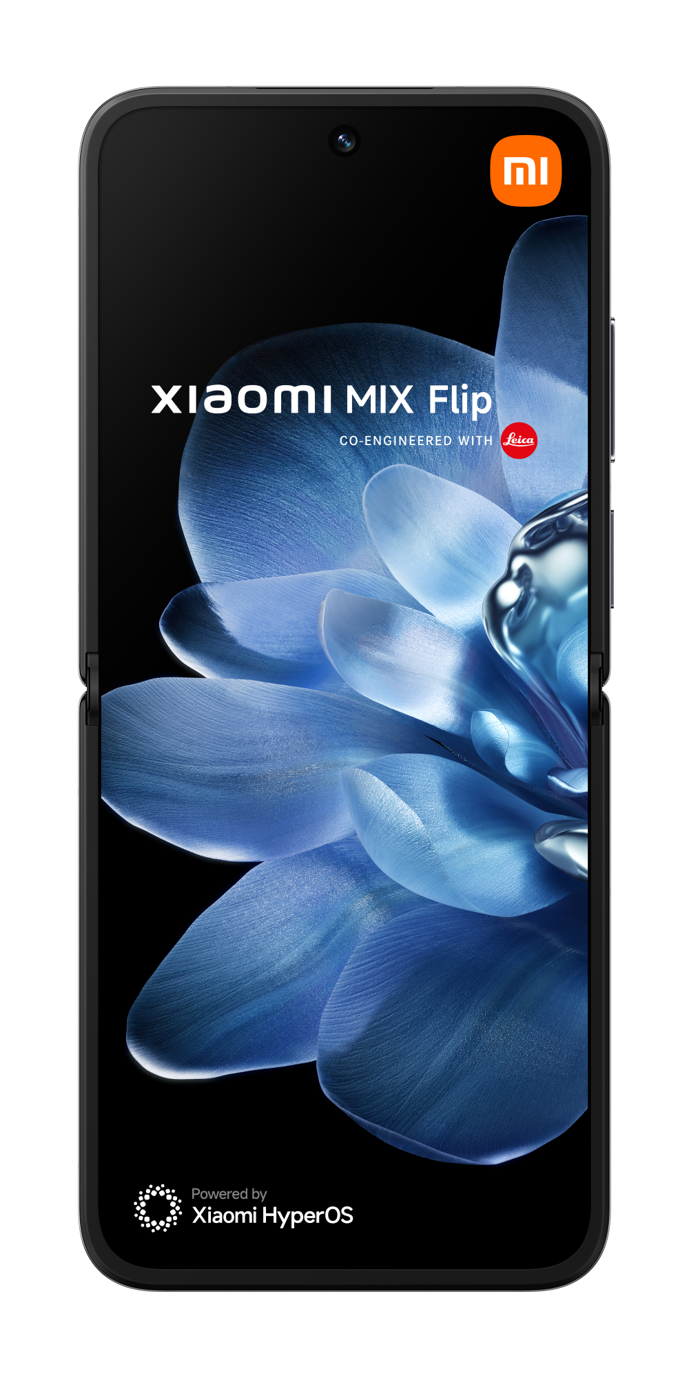 Czarny smartfon z składanym ekranem. Ekran wyświetla obraz. Logo marki jest widoczne.