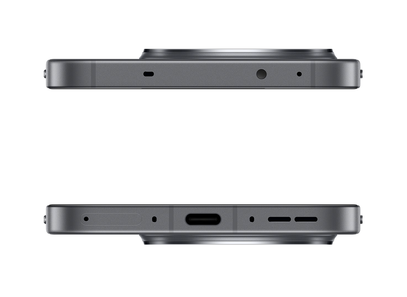 Widok z góry i z dołu szarego smartfona. U góry aparat i mikrofon. Na dole port.