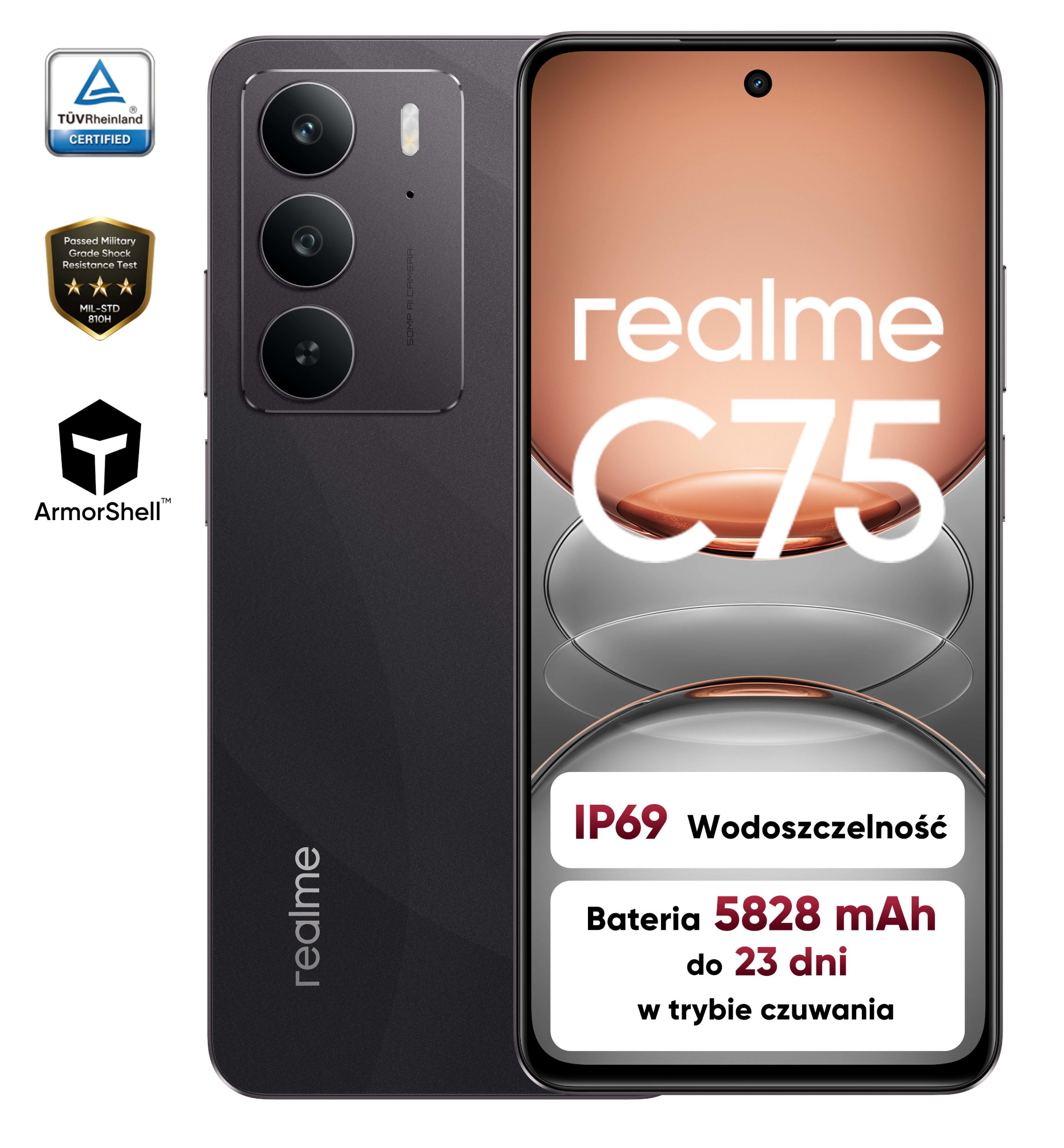 Telefon Realme C75 z ciemnoszarym tyłem i ekranem z tekstem i informacjami o baterii.