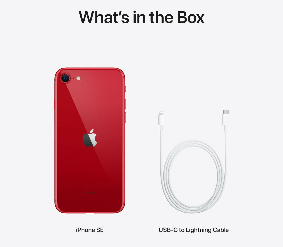 Czerwony iPhone SE i biały kabel USB-C do Lightning, oba na białej powierzchni.