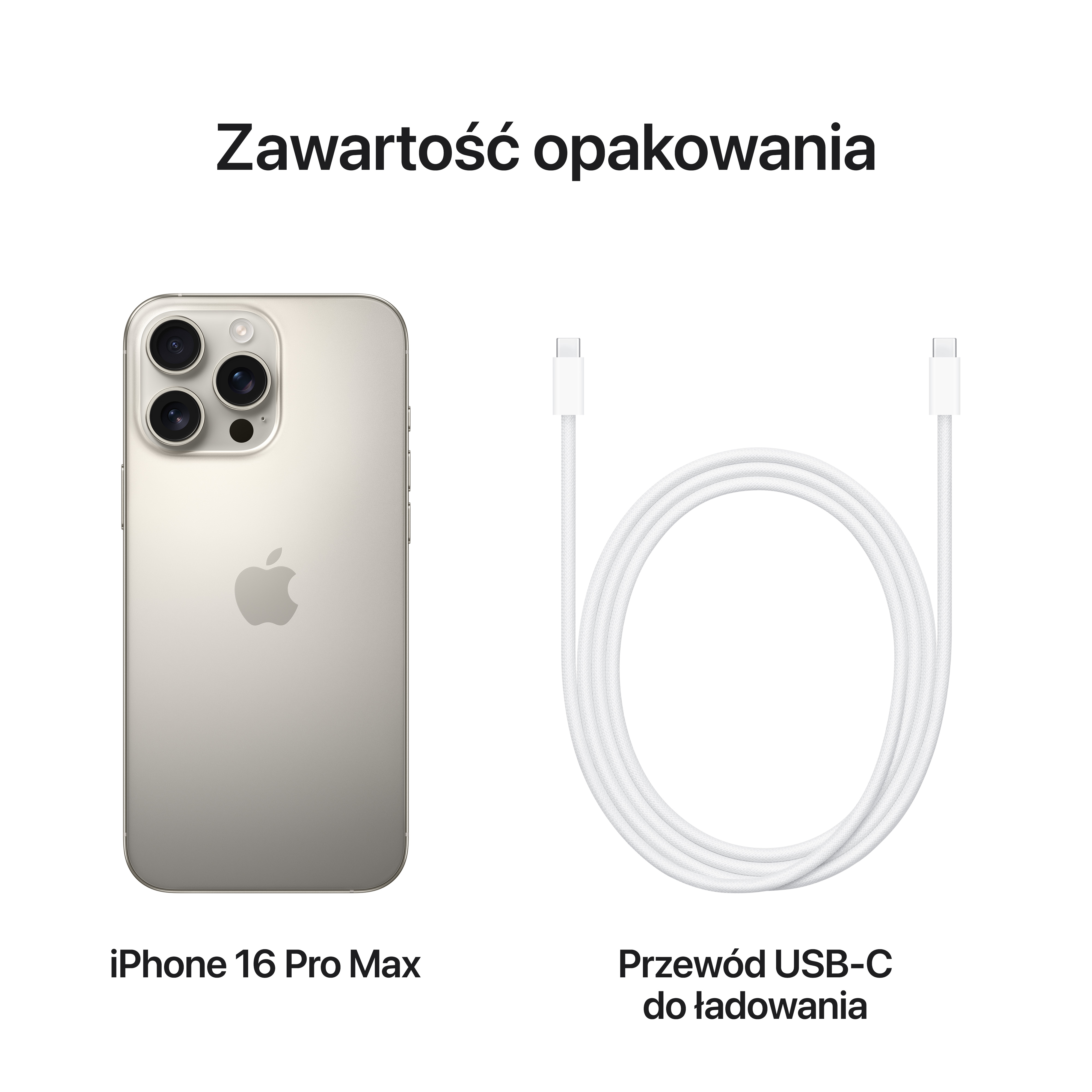 Srebrny iPhone 16 Pro Max obok białego kabla do ładowania USB-C, oba na białym tle.
