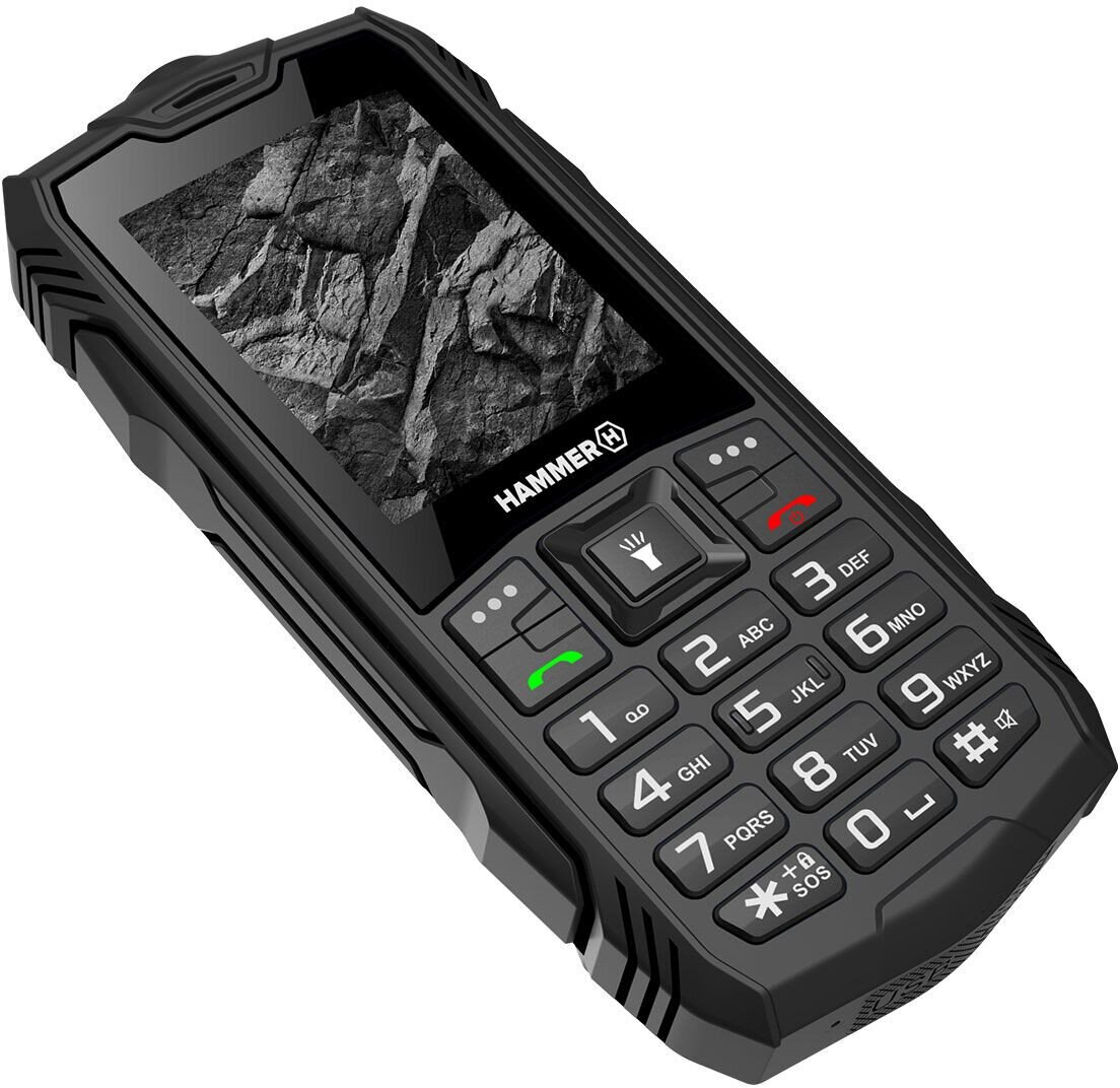 Schwarzes, robustes Telefon mit Tasten. Der Bildschirm zeigt eine Felsstruktur. Hammer-Logo sichtbar.