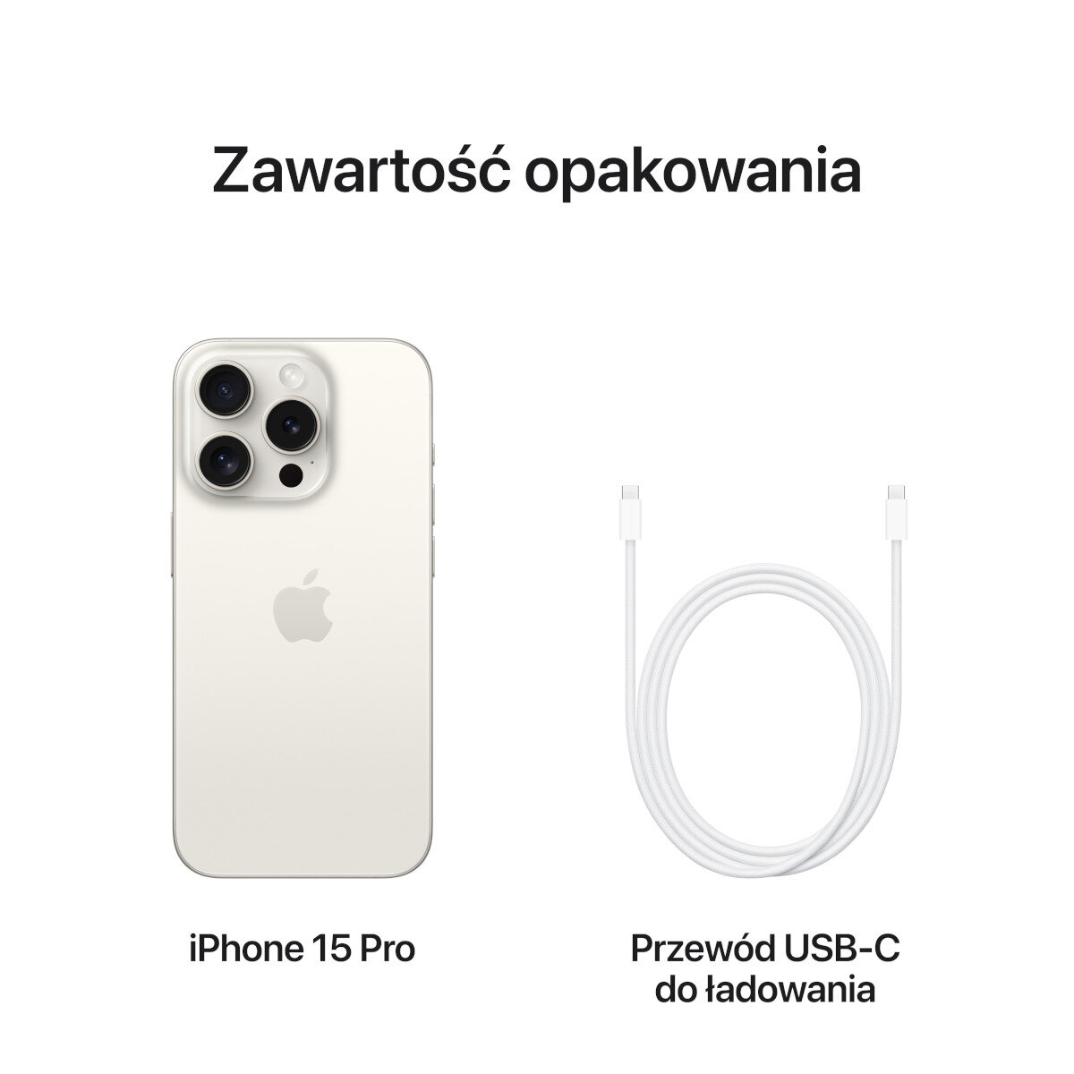 iPhone 15 Pro i kabel ładujący USB-C wyświetlane na białym tle.