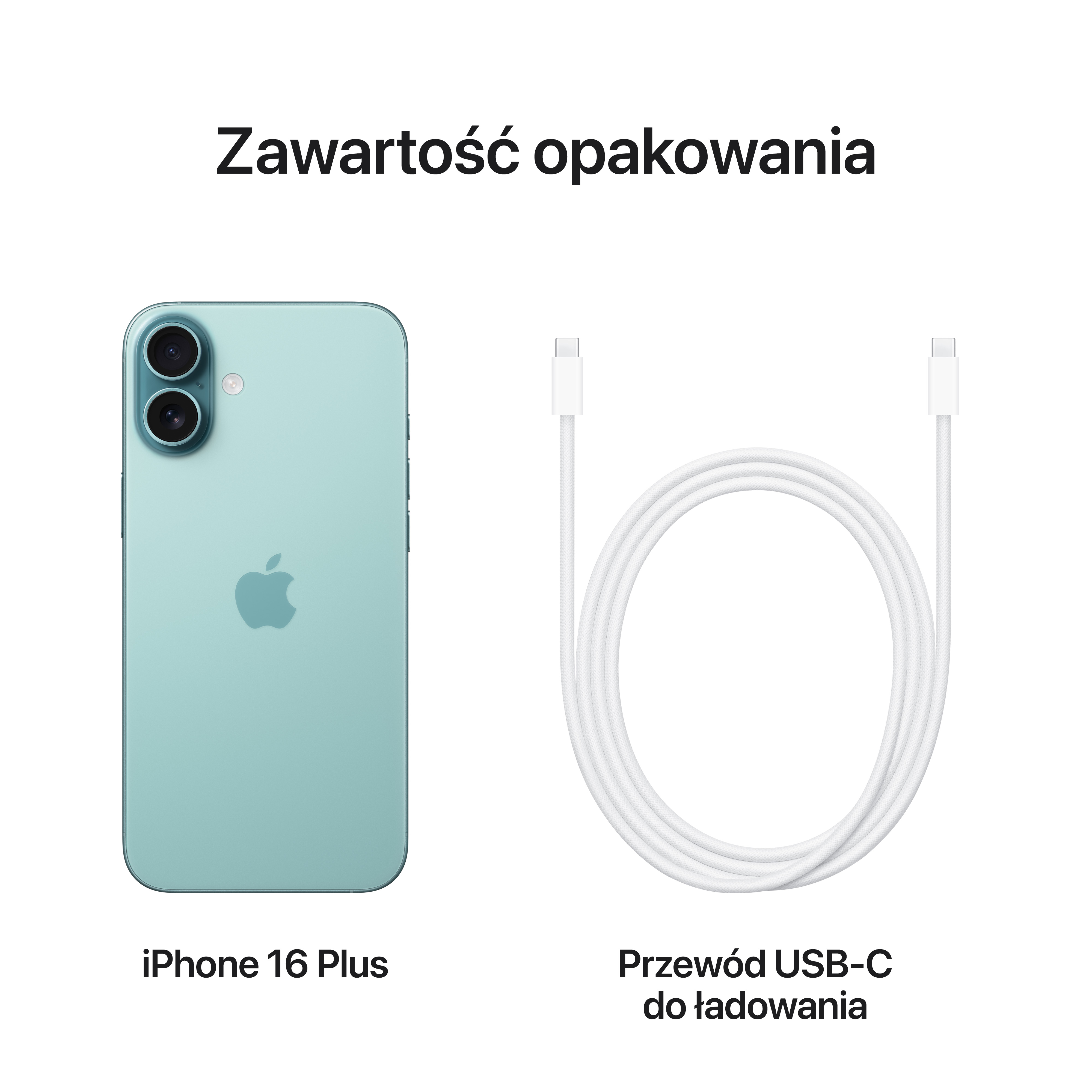 Un telefono e un cavo. Il testo dice 'Zawartość opakowania', 'iPhone 16 Plus' e 'Przewód USB-C do ładowania'.