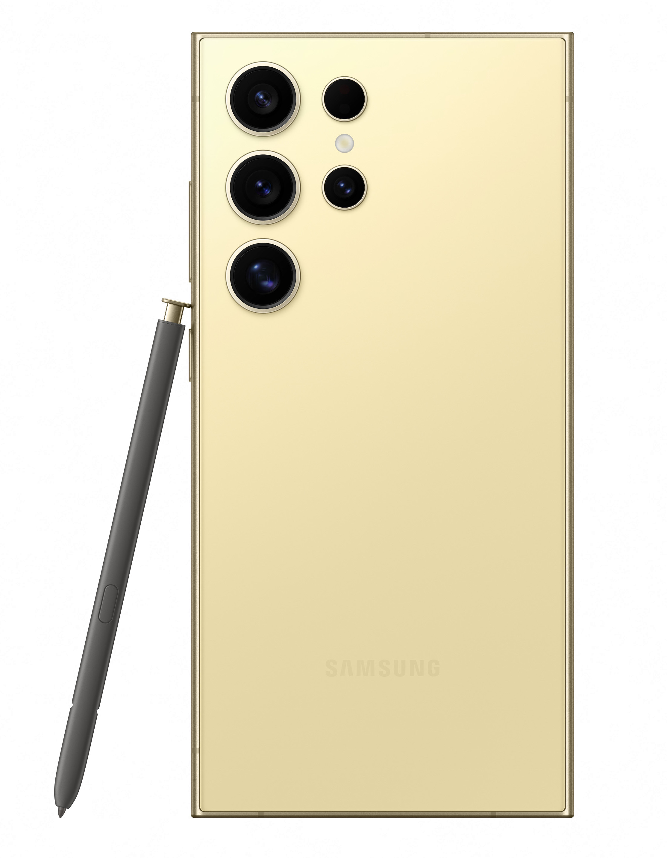 Teléfono dorado con lápiz. La parte trasera muestra el logo de Samsung y cámaras. Vista superior.