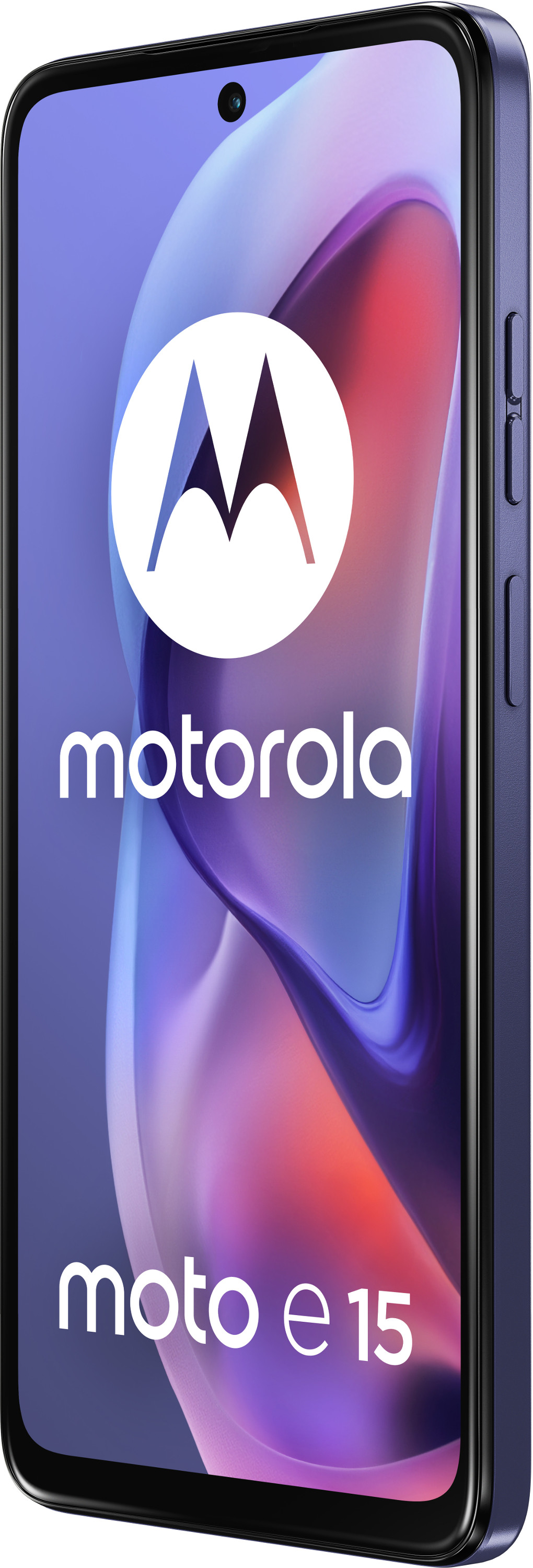 Niebieski telefon Motorola Moto e15 z logo na ekranie, widok z boku.