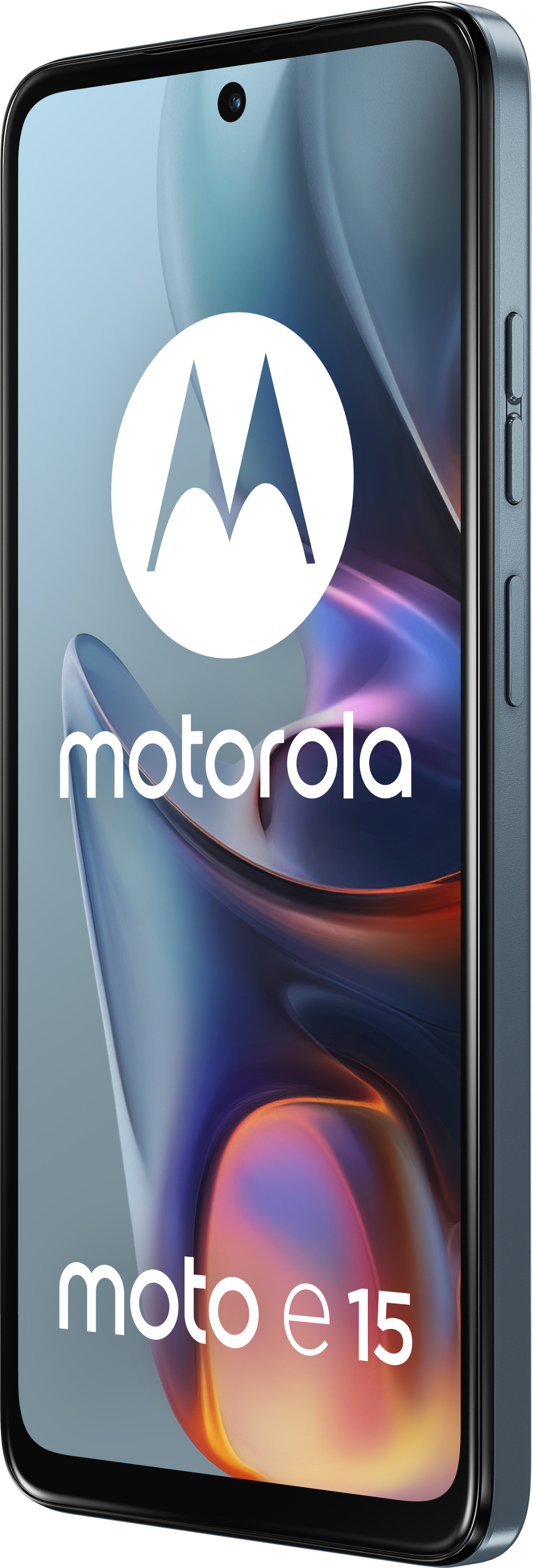 Un telefono blu Motorola Moto e15 con il logo sullo schermo, vista angolata.