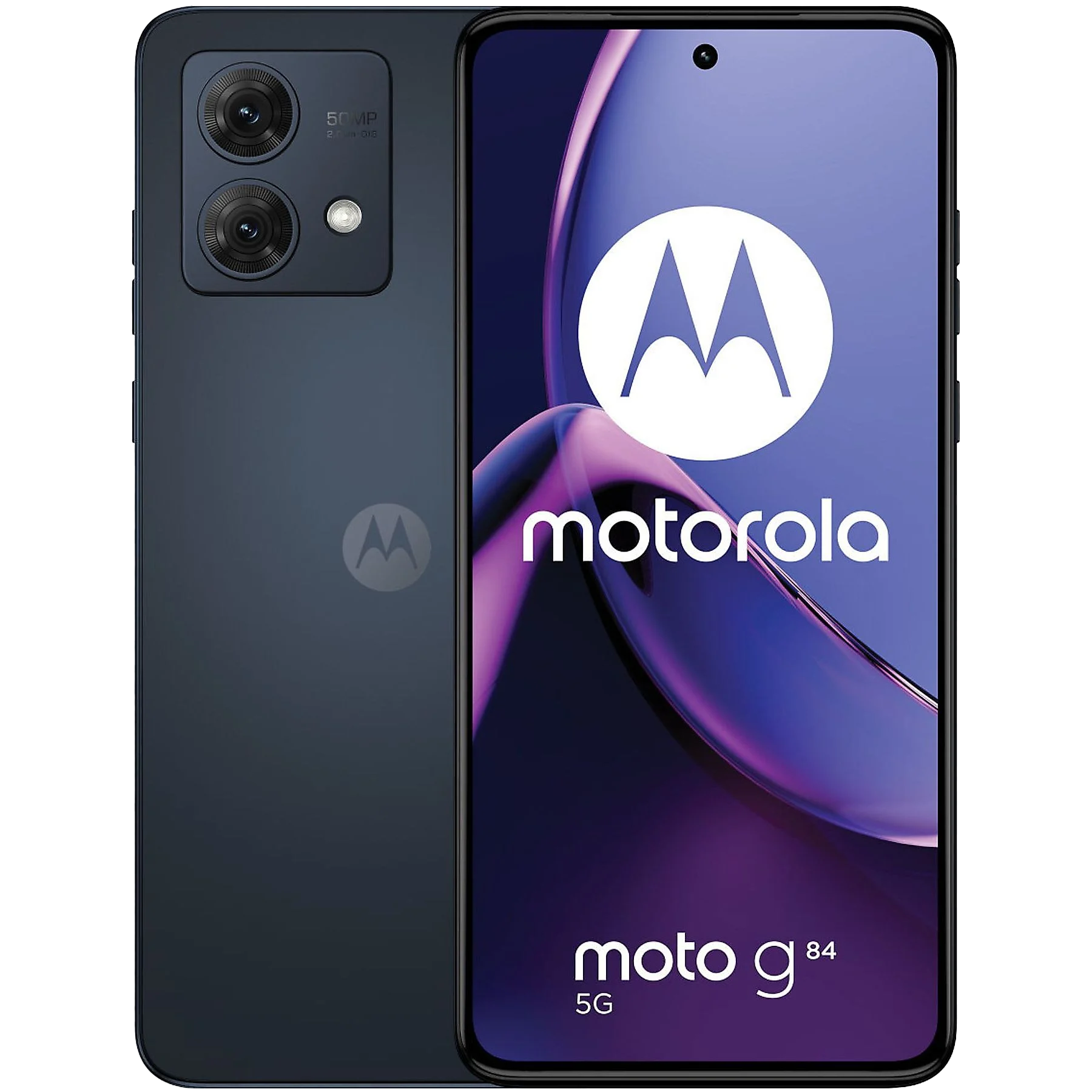 Ciemnoniebieski telefon Motorola z podwójnymi aparatami i logo Motorola, z tekstem moto g84 5G.