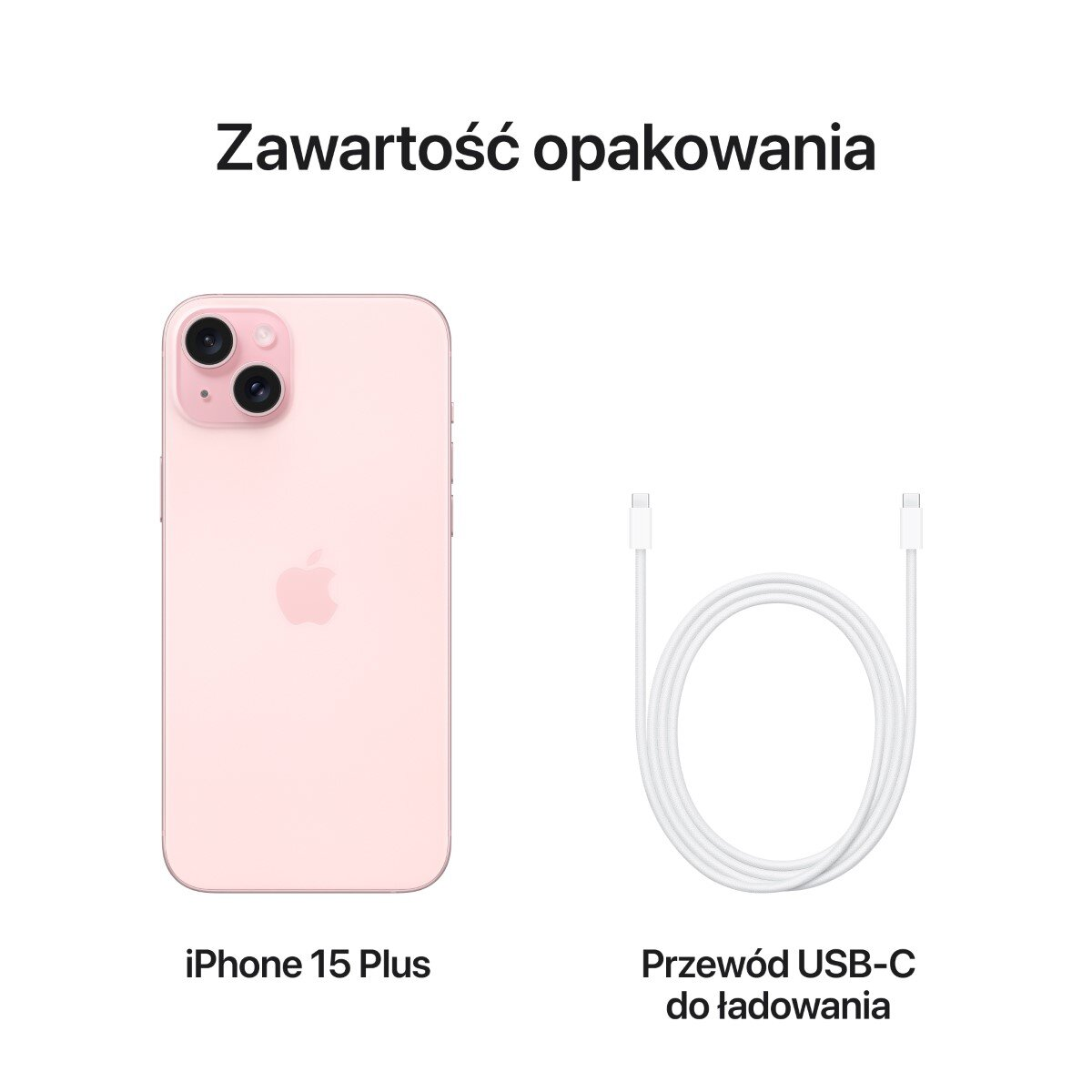 Różowy iPhone 15 Plus i biały kabel do ładowania USB-C na białym tle.